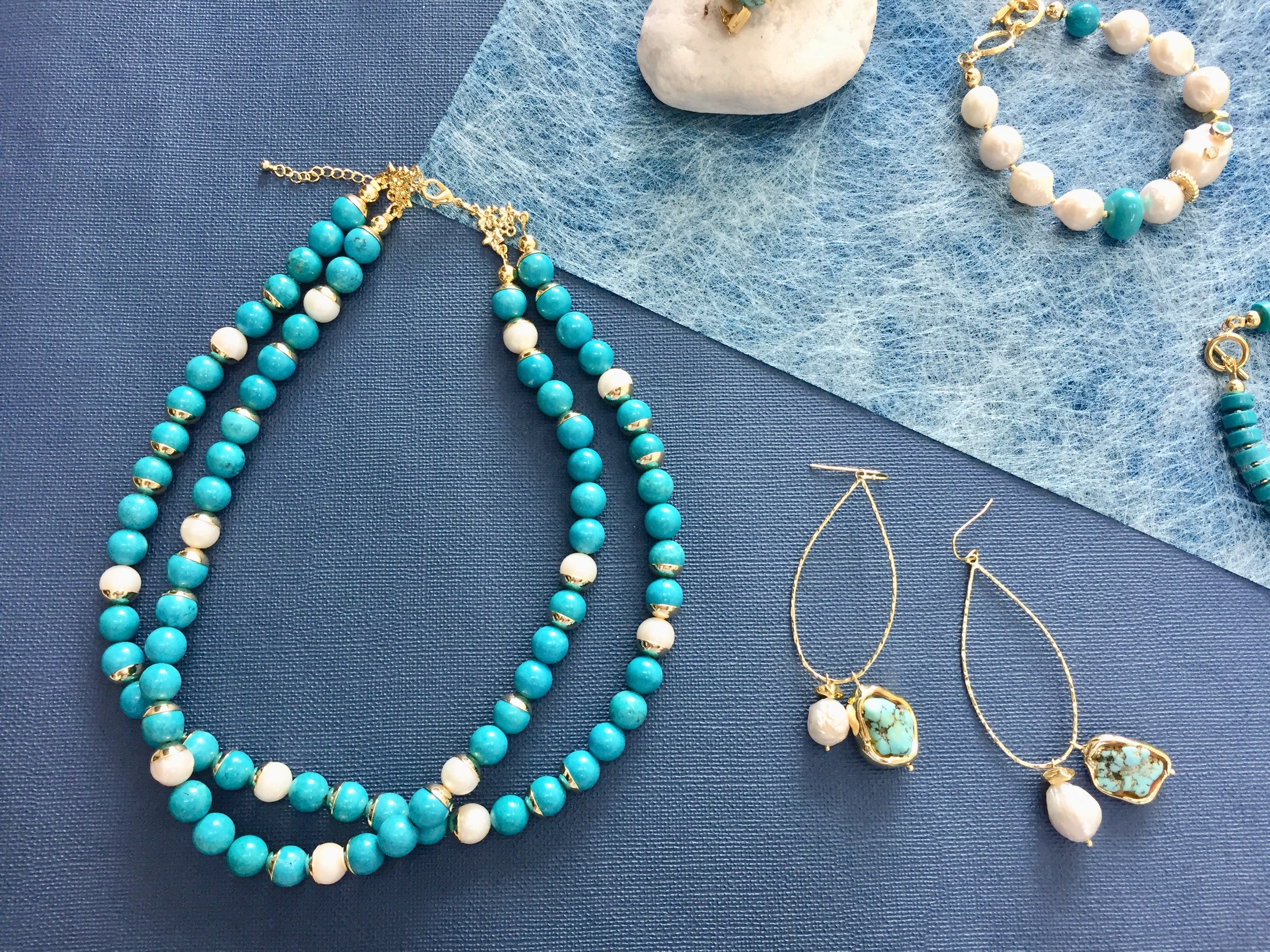 Turquoise and Freshwater Pearls Double Strand Necklace for Women - Elegant Boho Jewelry Gift for Birthday, Wedding & Special Occasions