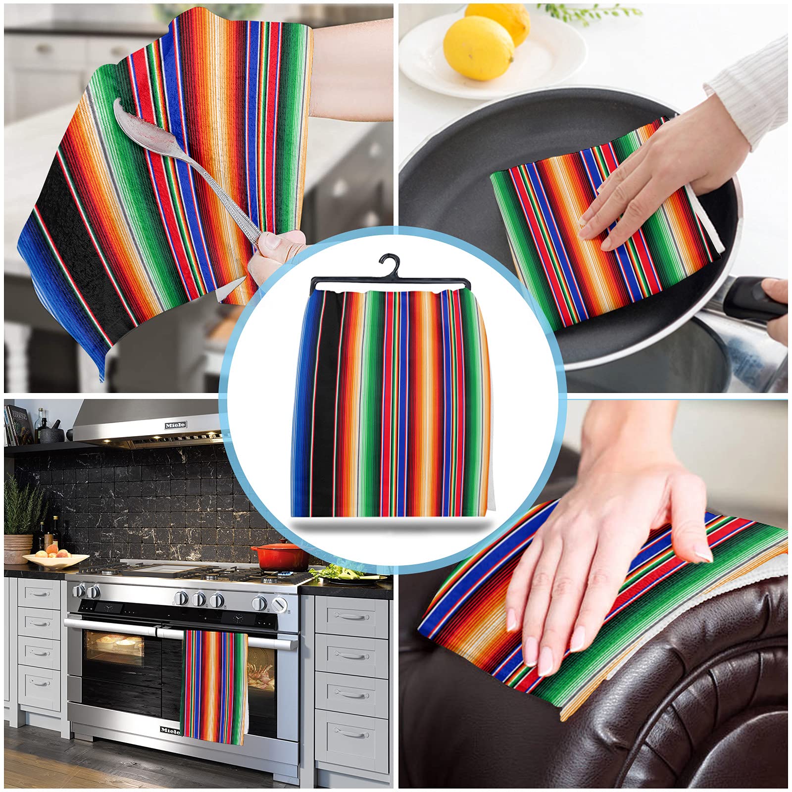 Colorful Striped Mexican Serape Kitchen Towels - 18x28 Inch Soft Microfiber Absorbent Dish Towels (3-Pack) - Perfect for Drying Dishes, Cleaning Countertops & Bathroom Use