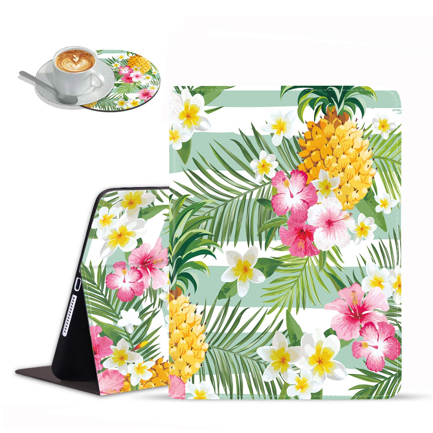 Premium Shockproof TPU Case with Auto Sleep/Wake for iPad 9.7 (2018/2017), iPad Air/Air 2, iPad 6th/5th Gen - Adjustable Folio Stand Cover with Tropical Hawaiian Pineapple Design (Includes Bonus Coasters) - Perfect for Work, Travel & Home Use