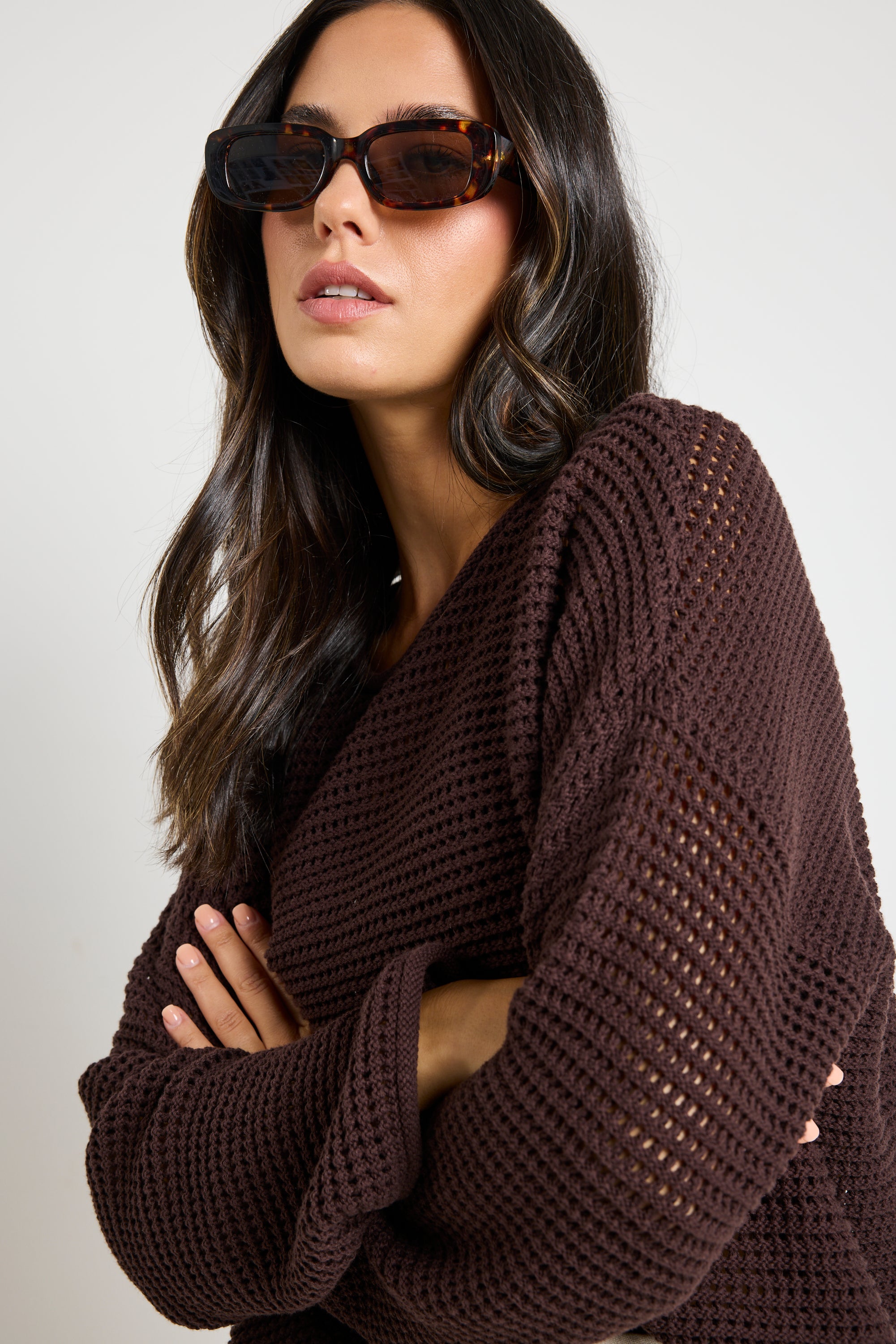 Premium Dawn Chocolate Brown Crochet Knit Jumper Sweater | Women's Boho Chic Winter Pullover | Perfect for Cozy Fall Evenings & Holiday Gatherings