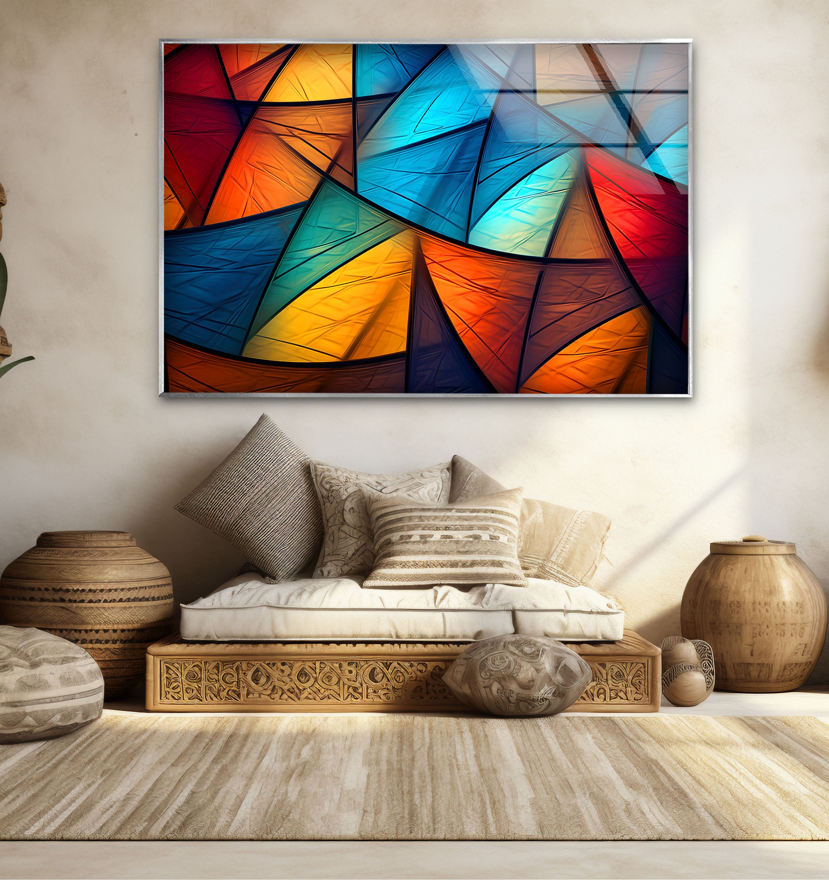 Modern Abstract Geometric Glass Wall Art - Vibrant Triangle Pattern Home Decor for Living Room, Bedroom & Office | Unique Handmade Wall Hanging