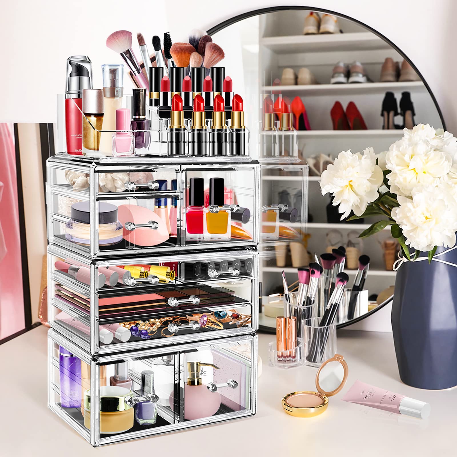 LINYAPRY Clear Acrylic Makeup Organizer - 9 Large Drawers Cosmetic & Jewelry Storage Box | Stackable Beauty Display Case for Skincare, Bathroom, Dresser & Vanity Countertop | Perfect for Makeup Artists & Home Organization