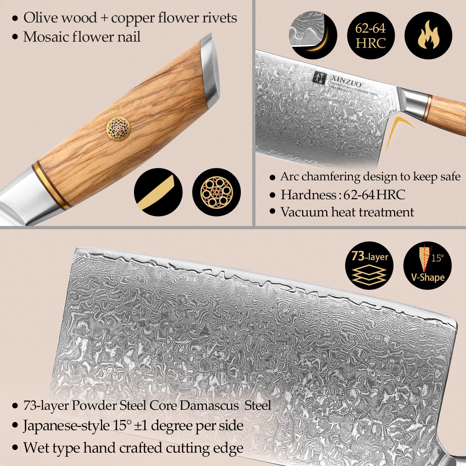 XINZUO 7.5 Inch Damascus Steel Chinese Chef Knife - 73 Layer High Carbon Powder Steel Core, Multi-Purpose Kitchen Cleaver for Meat & Vegetable Cutting with Olive Wood Handle - Perfect for Home Cooking, Professional Kitchens & BBQ Preparation