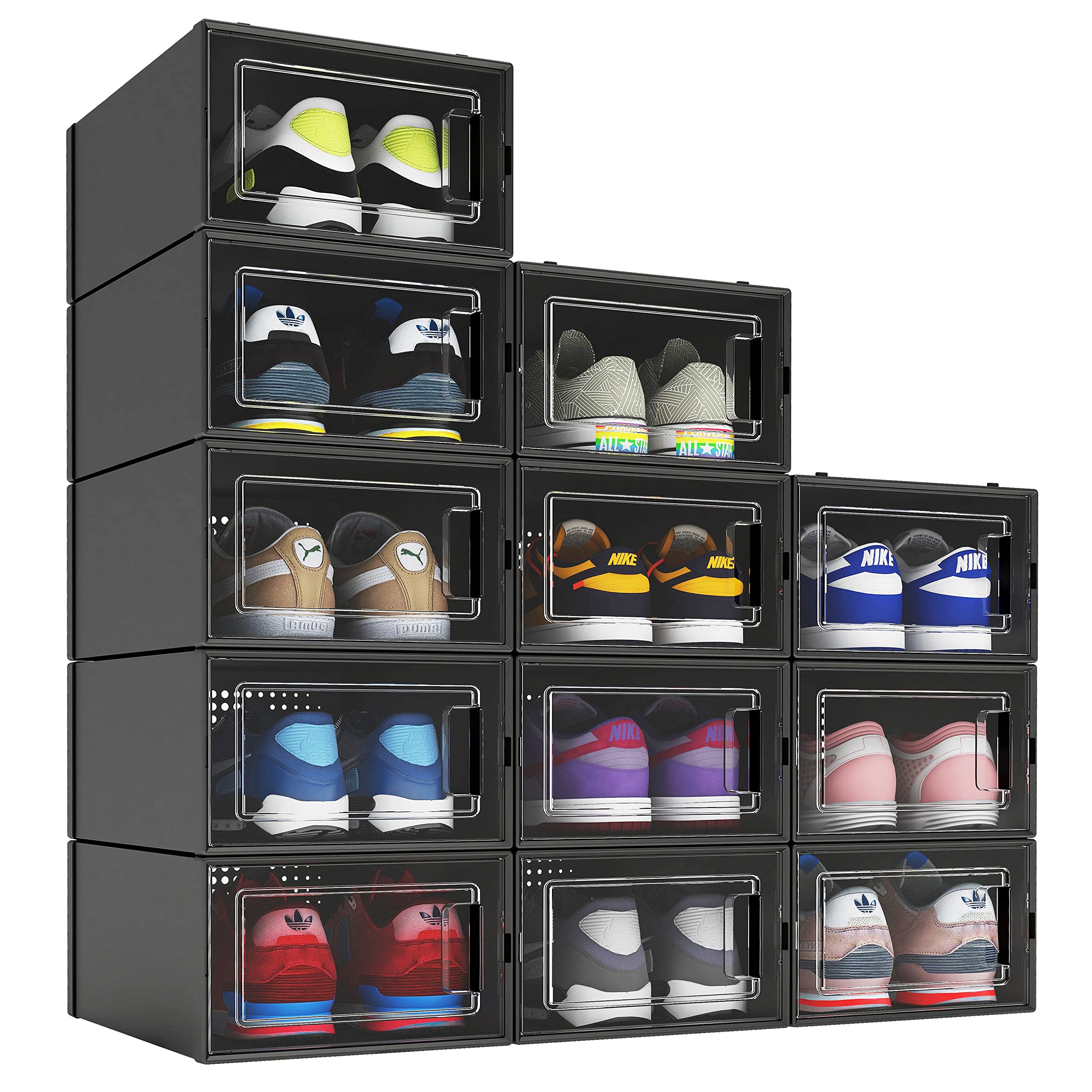 12 Pack Black Plastic Shoe Organizer Boxes - Stackable Shoe Storage Bins for Closet, Space Saving Shoe Holder & Sneaker Display Case for Medium Size Shoes - Perfect for Bedroom, Entryway, and Dorm Organization