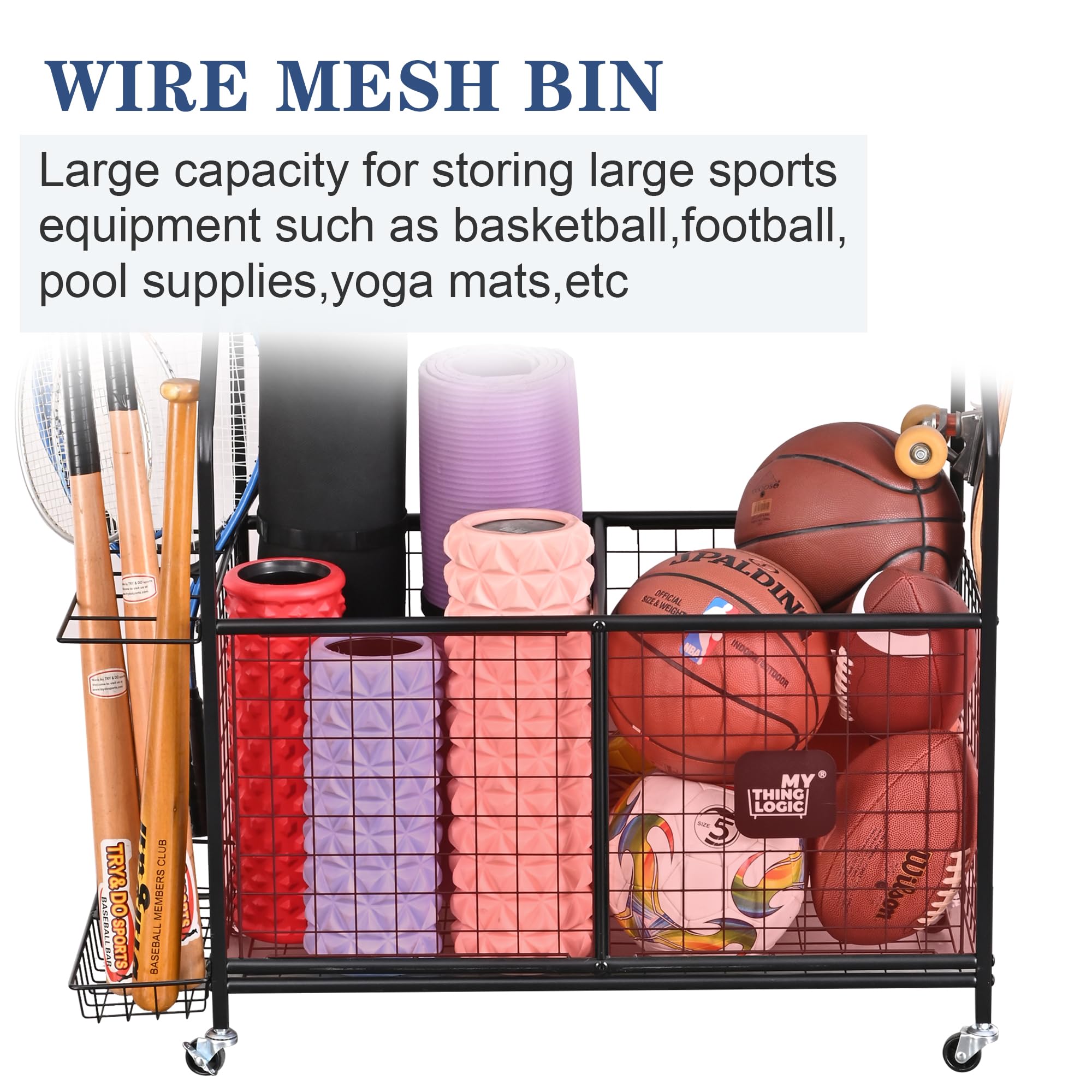 Mythinglogic Sports Equipment Garage Organizer - Rolling Ball Cart with Wheels for Basketball, Soccer, Football Storage | Indoor & Outdoor Sports Gear & Toy Organizer for Garage, Basement, Backyard, Playroom