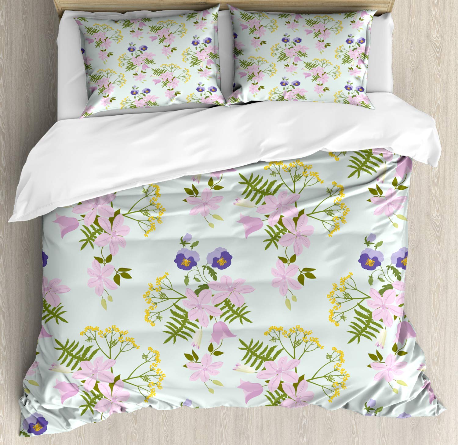 Ambesonne Pansy Duvet Cover Set - King Size 3 Piece Bedding with 2 Pillow Shams, Detailed Garden Flowers Blooming Clematis Yarrow Design in Mint Green & Multicolor | Perfect for Spring Bedroom Decor, Guest Room Makeover & Floral Theme Home Styling