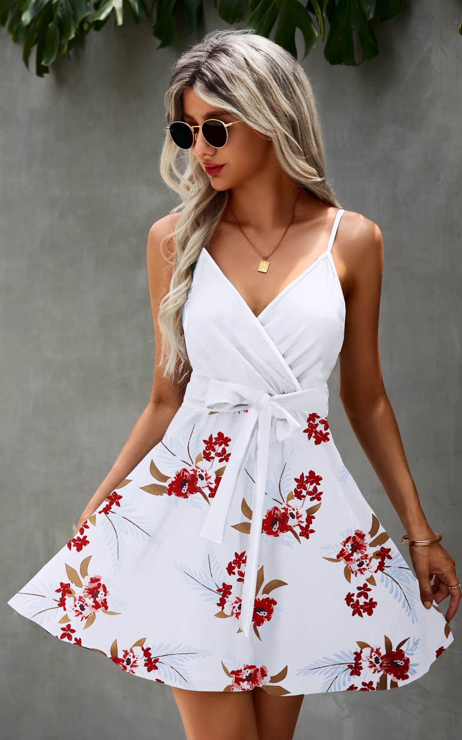 ECOWISH Women's Summer Dress 2025 - V-Neck Spaghetti Strap Lace Mini Dress with Bowknot Backless Design | Perfect for Beach Vacations, Date Nights & Summer Parties