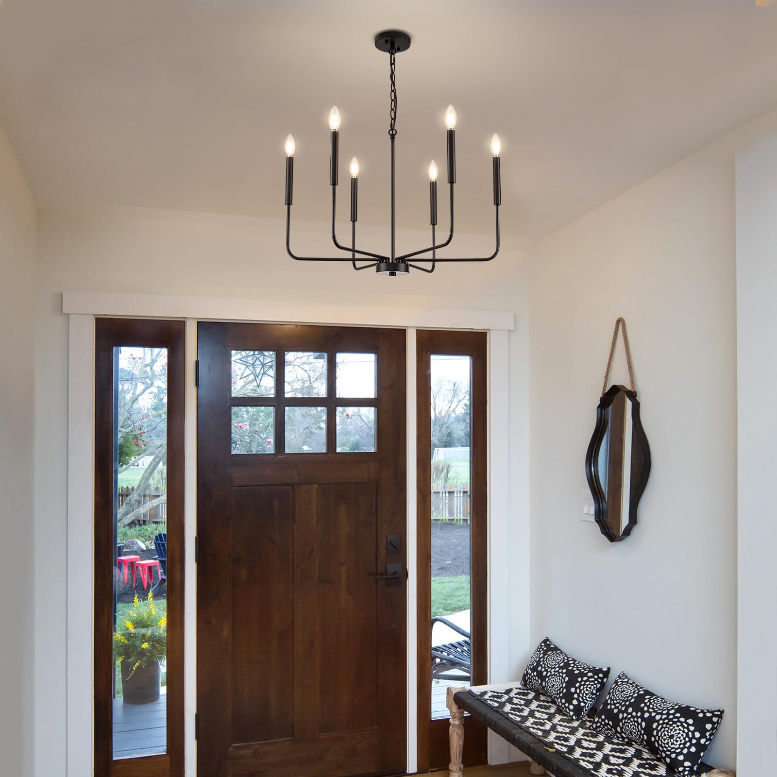 Modern Black 6-Light Chandelier - Farmhouse Style Metal Hanging Light Fixture with Chain for Dining Room, Kitchen, Living Room, Bedroom & Foyer | Elegant Candle-Style Lighting for Home Decor & Entertaining