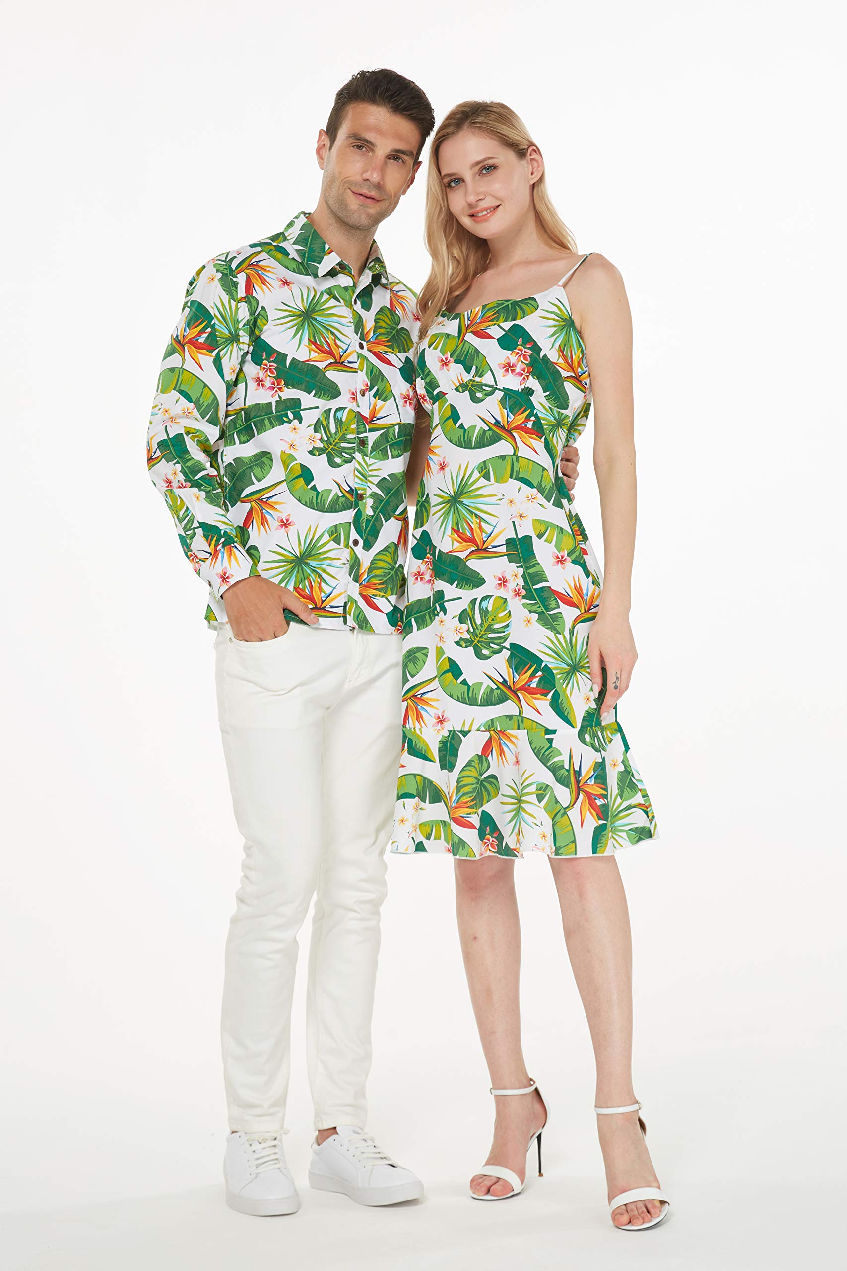 Matching Couple Hawaiian Luau Cruise Outfits - His & Hers Aloha Shirt & Mermaid Dress Set in Classic White | Perfect for Tropical Vacations, Beach Weddings & Cruise Ship Parties