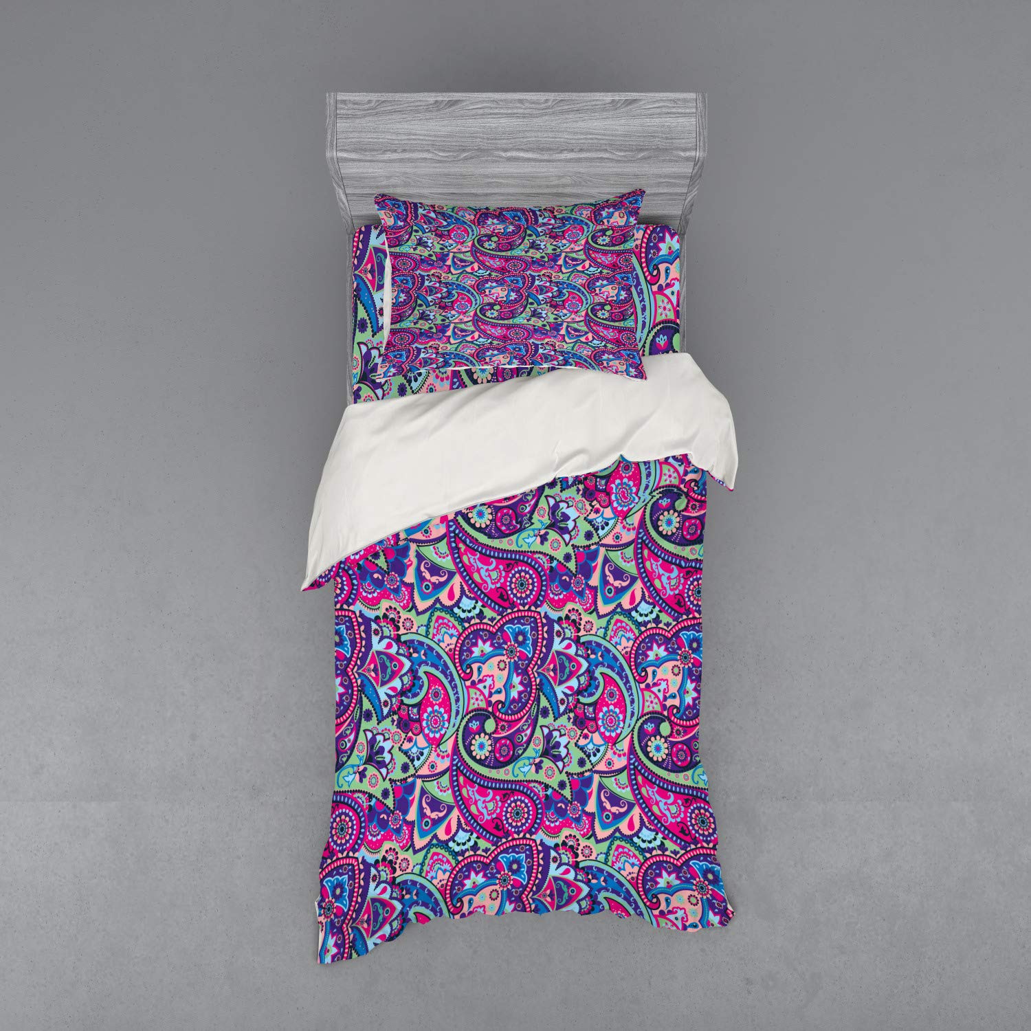 Ambesonne Navy and Blush Floral Duvet Cover Set - 3 Piece Paisley Vintage Bedding with Sham & Fitted Sheet - Twin Size Multicolor Bohemian Style - Perfect for Bedroom Decor, Guest Room & Cozy Home Styling