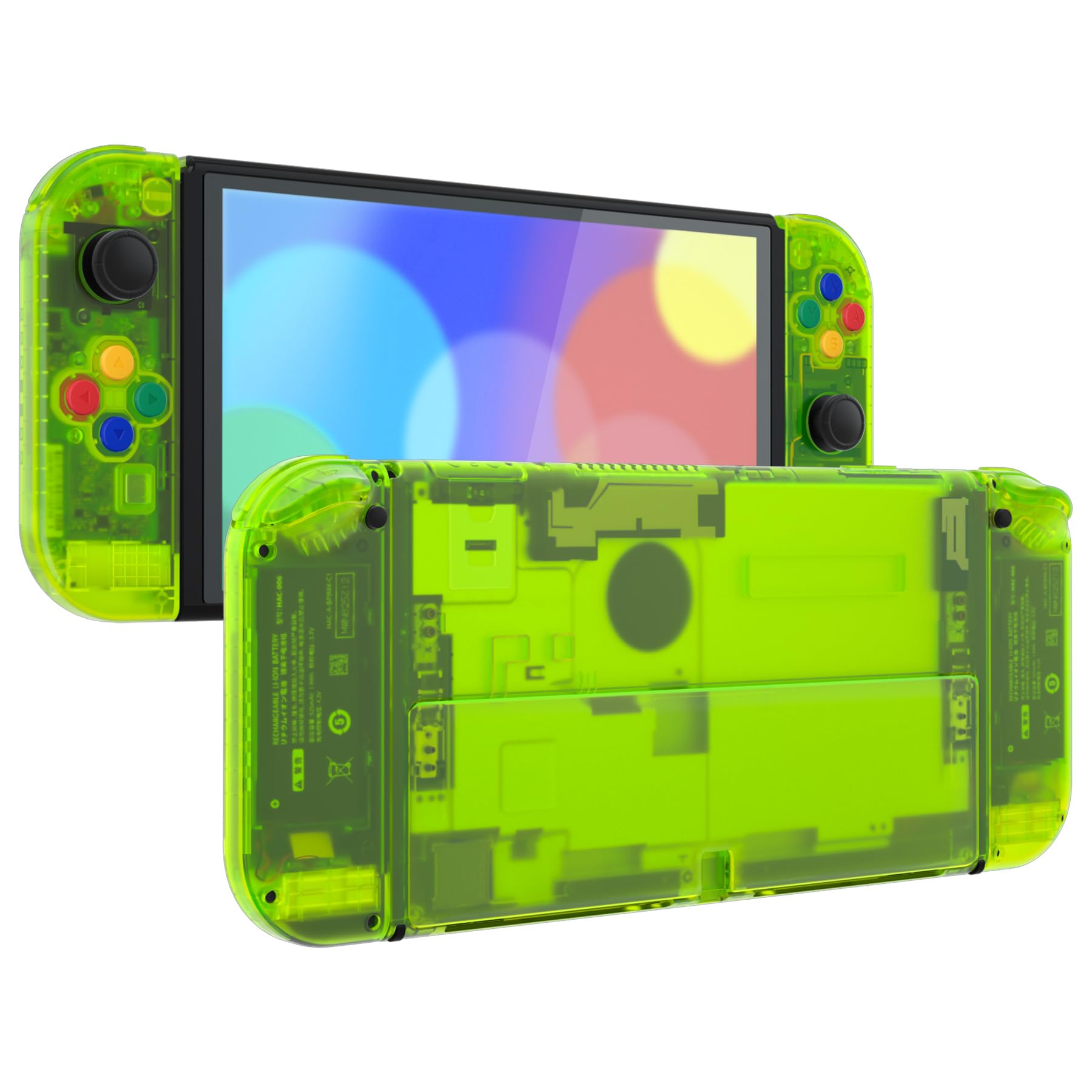 eXtremeRate Replacement Buttons & Back Cover Shell for Nintendo Switch OLED Console - Transparent Lime Green | Joycon Controller Case & Kickstand | Perfect for Gaming & Customization