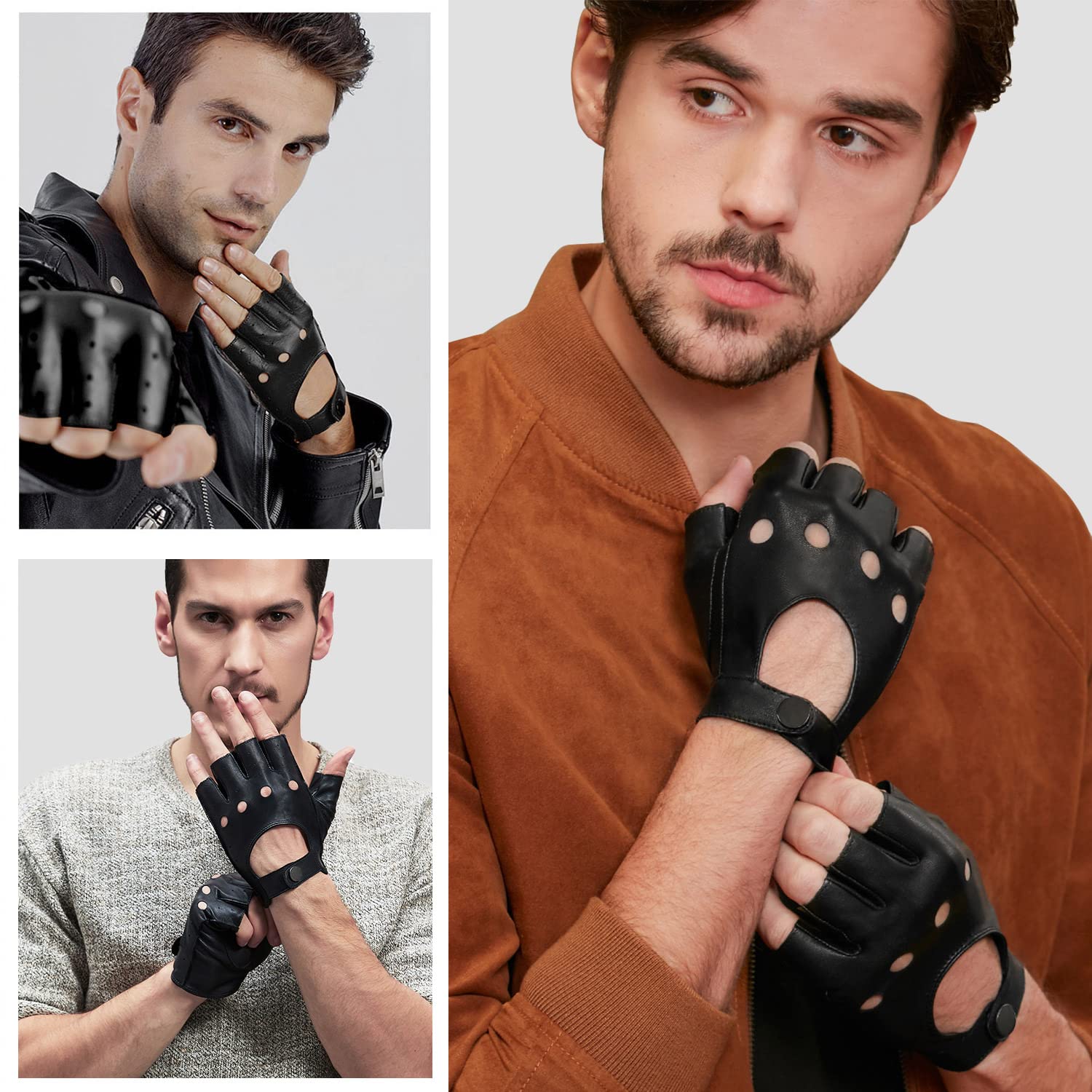 GSG Men's Fingerless Leather Gloves for Driving, Cycling & Motorcycle - Breathable Half Finger Unlined Gloves for Comfort & Grip - Perfect for Commuting, Sports & Outdoor Activities