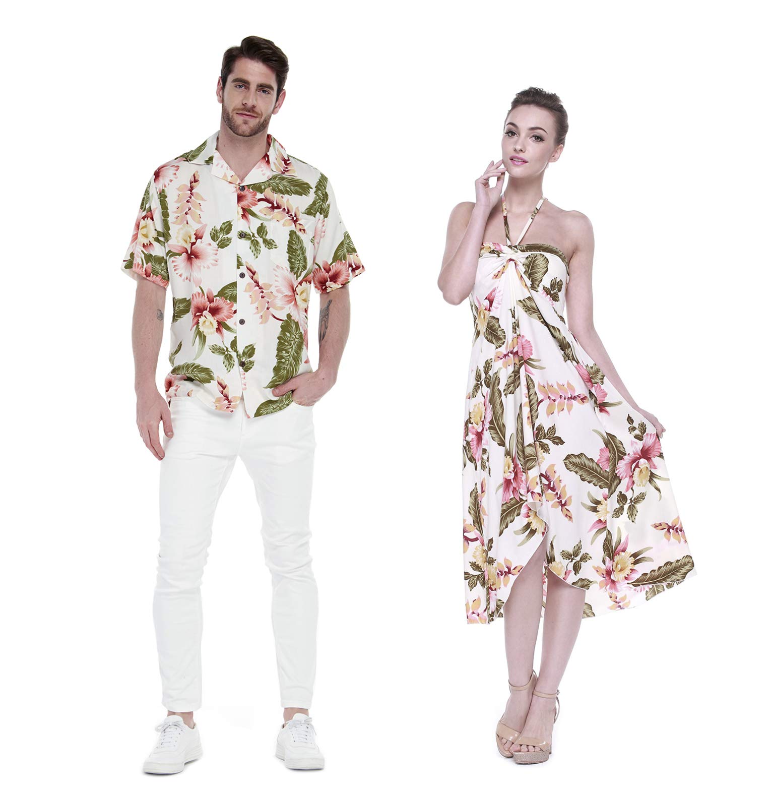 Couple Matching Hawaiian Luau Party Outfit Set - Cream Rafelsia Shirt & Dress for Beach Vacation, Summer Party, and Tropical Theme Events