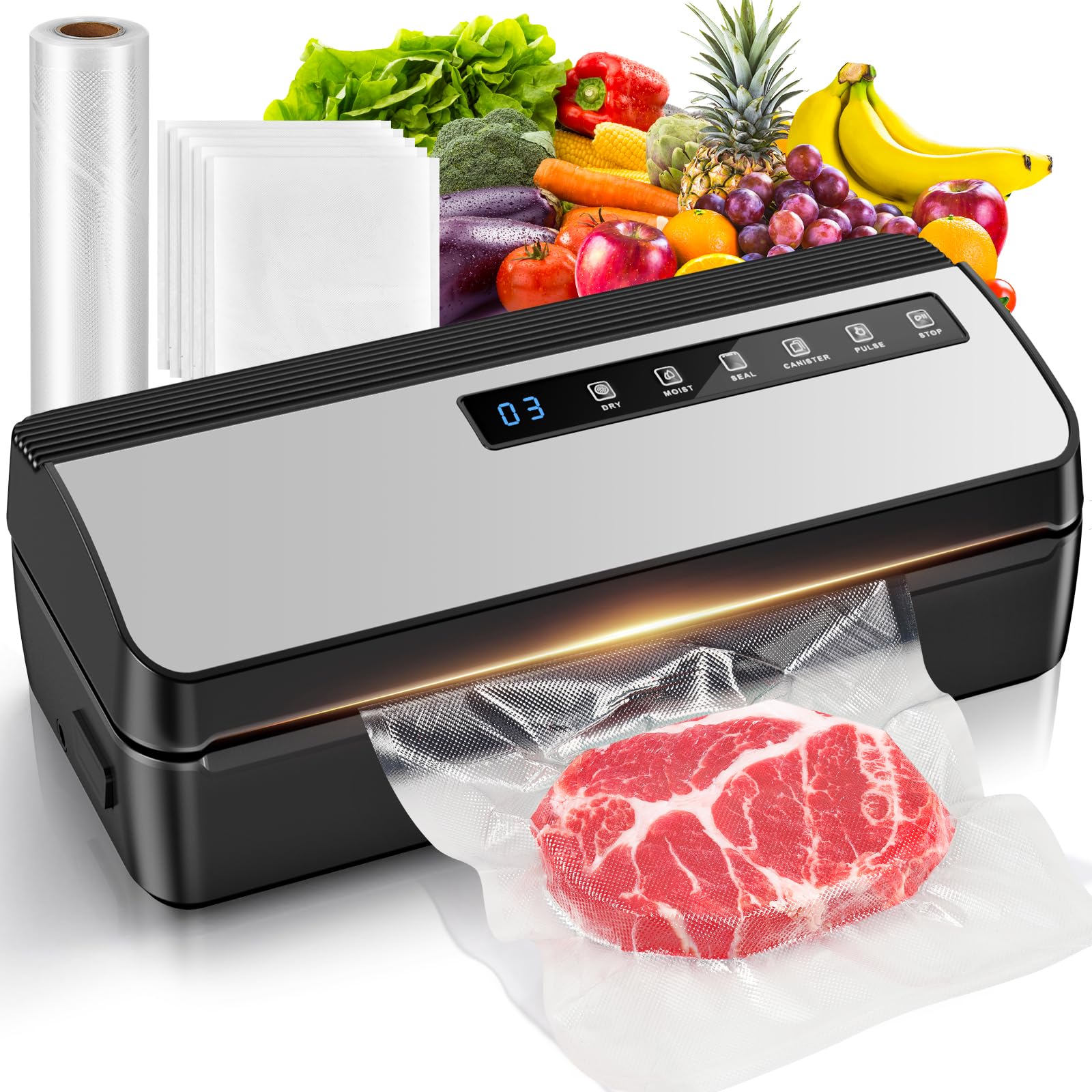 Premium Vacuum Sealer Machine - 80Kpa Powerful Compact Food Saver with Dry & Moist Modes, Includes 5 Bags & 1 Roll - Perfect for Meal Prep, Sous Vide, and Long-Term Food Storage (Silver)