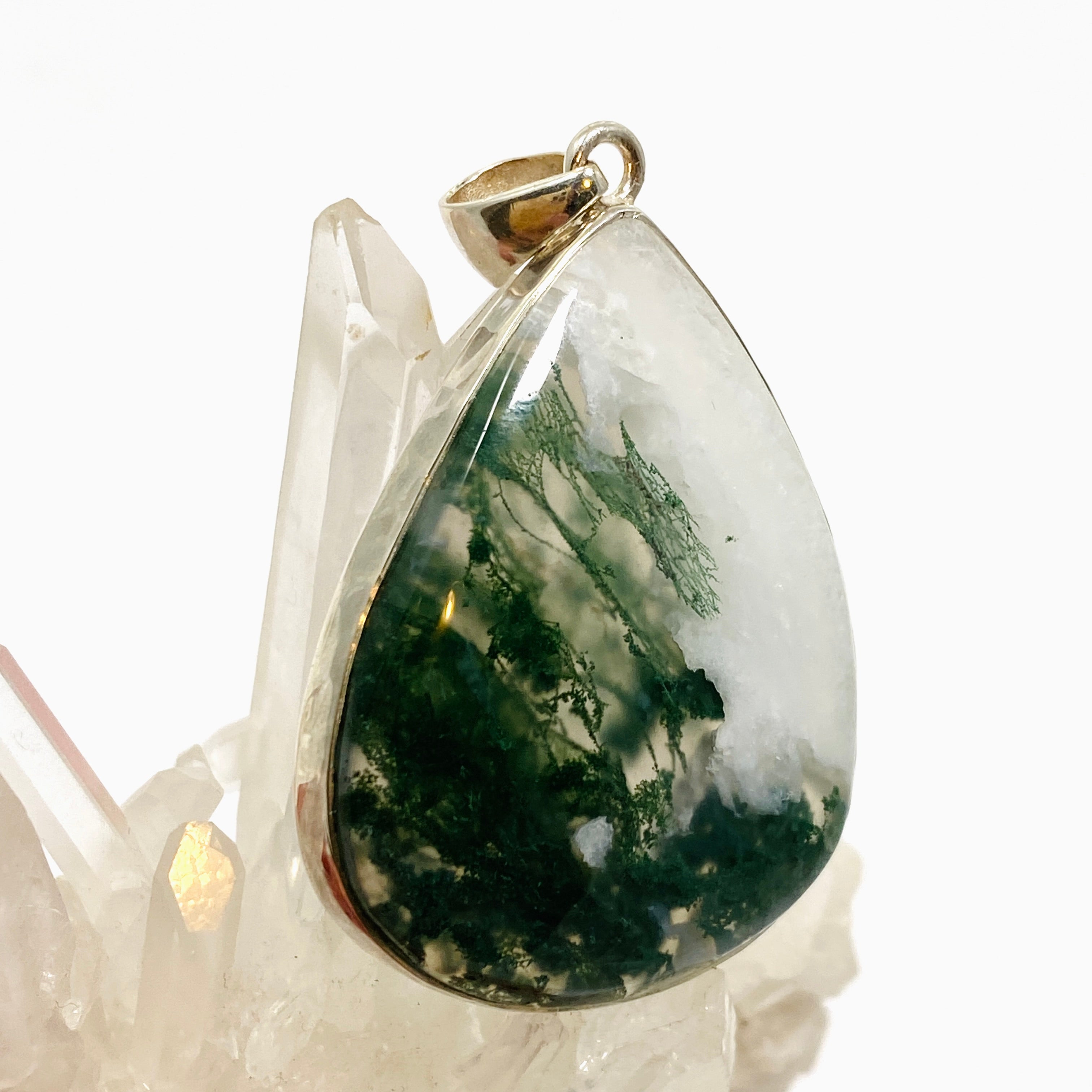 Natural Moss Agate Teardrop Cabochon Pendant in Handcrafted Hammered Sterling Silver Setting KPGJ4709 - Perfect for Boho Jewelry, Healing Crystal Necklaces & Spiritual Gifts