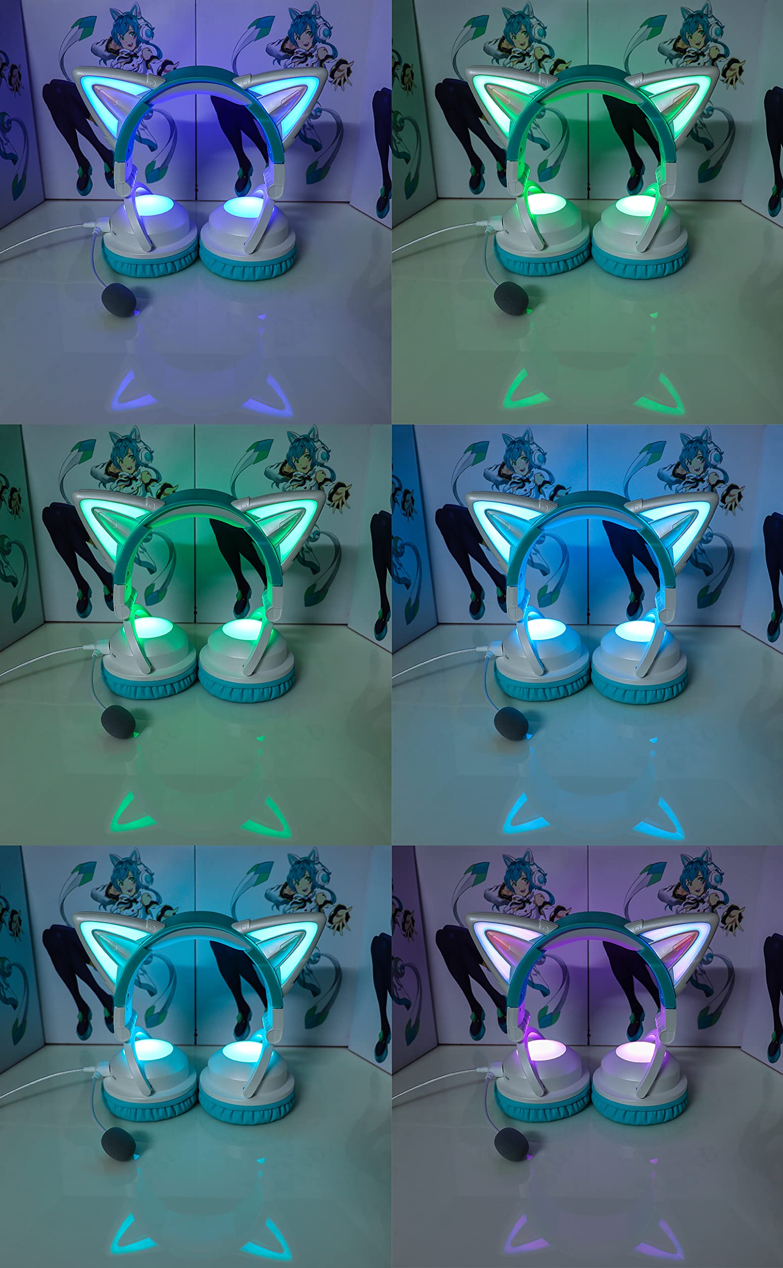 Wireless Cat Ear Headphones with RGB Color Changing (12 Colors) - Bluetooth & 3.5mm Wired Connection for Gaming, Music & Cosplay (Green) - Perfect for Gamers, Streamers & Anime Fans