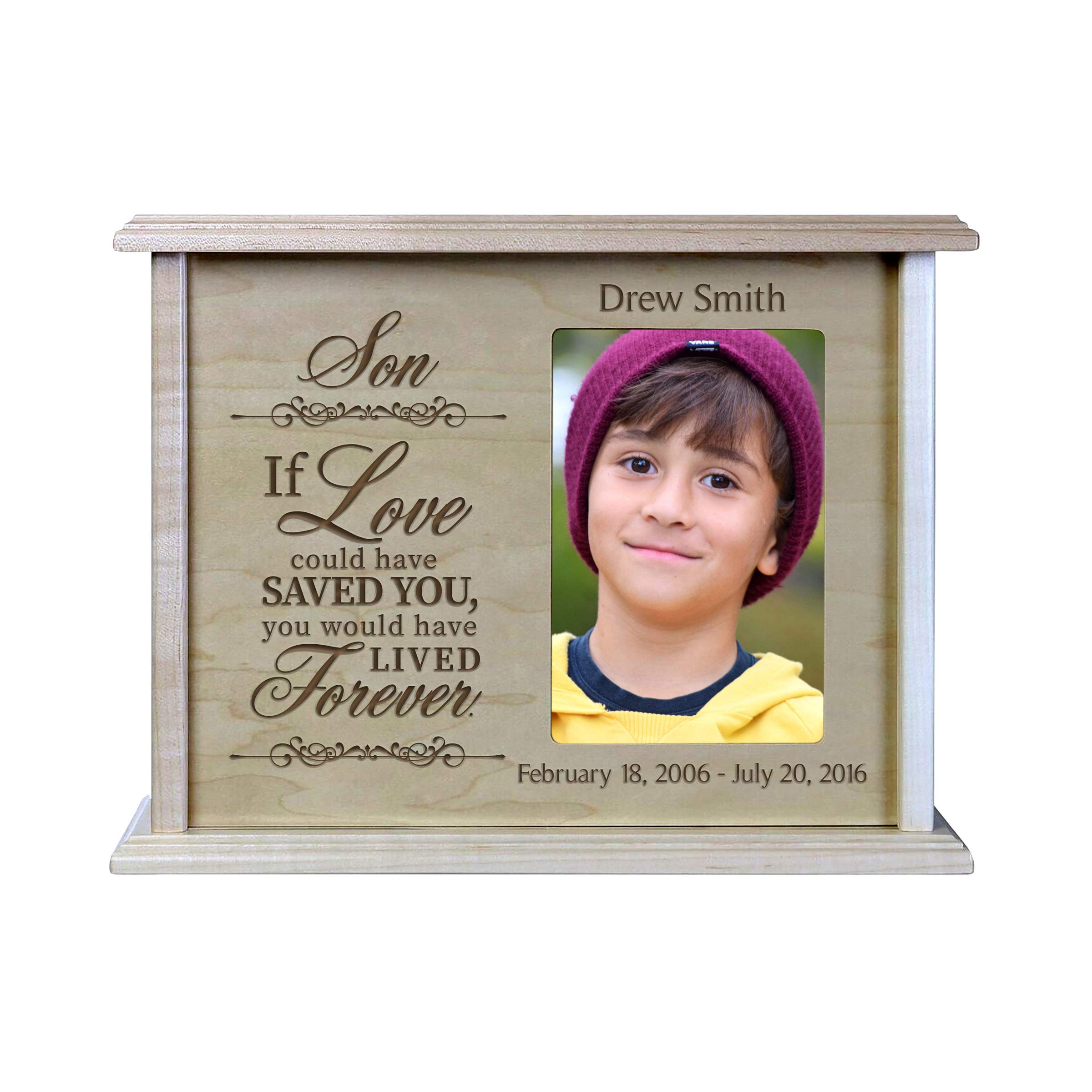 Personalized Engraved Wooden Cremation Urn with Picture Frame - Holds 200 cu.in Human Ashes & 4x6 Photo - Memorial Keepsake for Loved Ones (Maple) - Perfect for Funeral Services, Memorial Displays & Honoring Deceased Family Members
