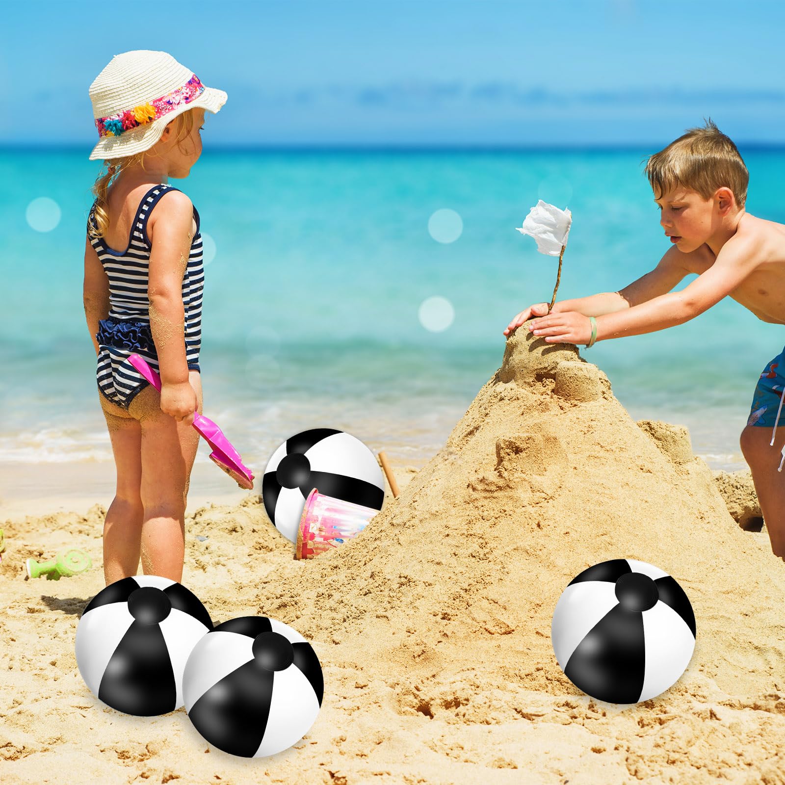 Whaline 16Pcs 16'' Black & White Inflatable Beach Balls - Round PVC Pool Toys for Summer, Hawaiian Tropical Theme Party Decorations - Perfect for Beach, Pool, Water Games & Sand Play