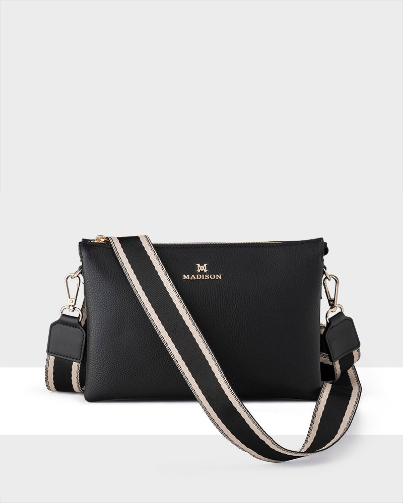 Avery 3 Compartment Crossbody Bag with Adjustable Stripe Strap - Stylish Hands-Free Purse for Women, Travel, Shopping & Daily Essentials