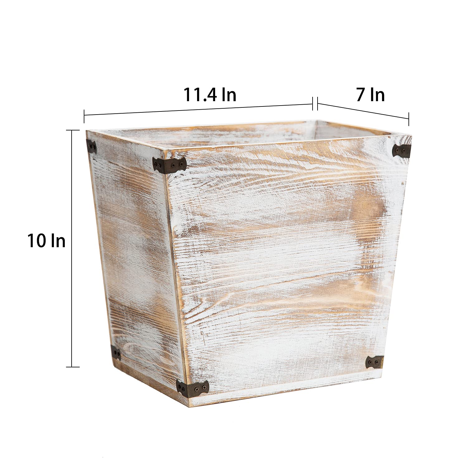 VERGOODR Grey Farmhouse Style Torched Wood Trash Can with Decorative Metal Brackets - Rustic Waste Bin for Bedroom, Living Room, Bathroom & Office - Washed White Finish - Perfect for Home Decor, Kitchen & Outdoor Use