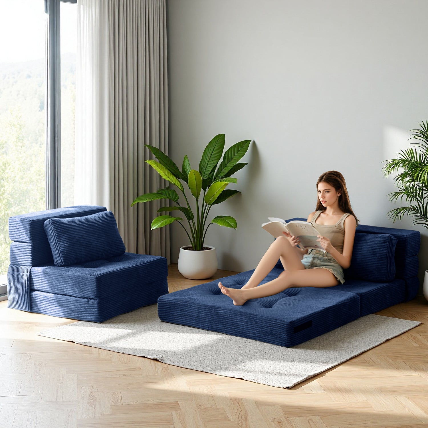 MAXYOYO 4-in-1 Convertible Sofa Bed Chair - Foldable Tufted Sleeper with Pillow, Navy Blue | Perfect for Small Spaces, Guest Rooms & Apartments