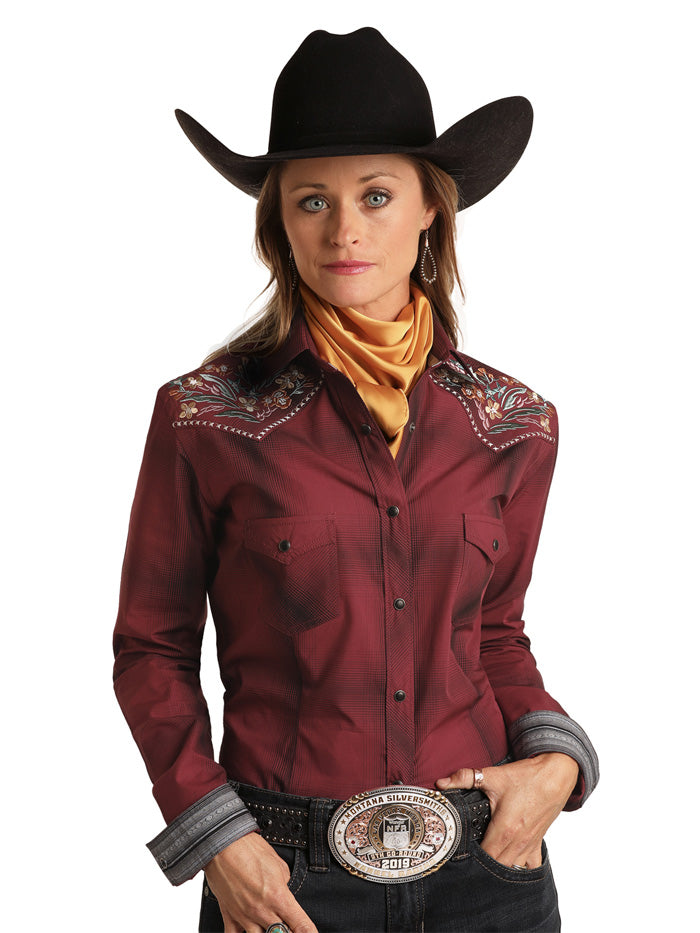 Panhandle R4S1219 Women's Long Sleeve Floral Yoke Embroidery Shirt Ombre Plaid - Casual Boho Blouse for Spring & Fall, Perfect for Office, Date Night and Outdoor Activities