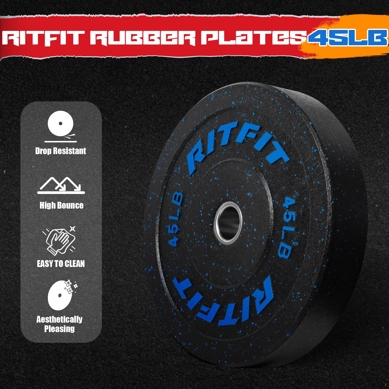 RitFit Bumper Plates - Colored Fleck-Rubber Olympic Weight Plates with Steel Insert (2-inch) for Weight Lifting, CrossFit & Strength Training - Single, Pair & Set Options - Perfect for Home Gym & Commercial Fitness Centers