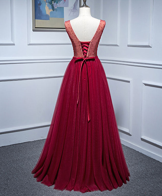 Elegant Burgundy V-Neck Tulle Lace Long Prom Dress for Women | Formal Evening Gown for Homecoming, Wedding Guest & Special Occasions