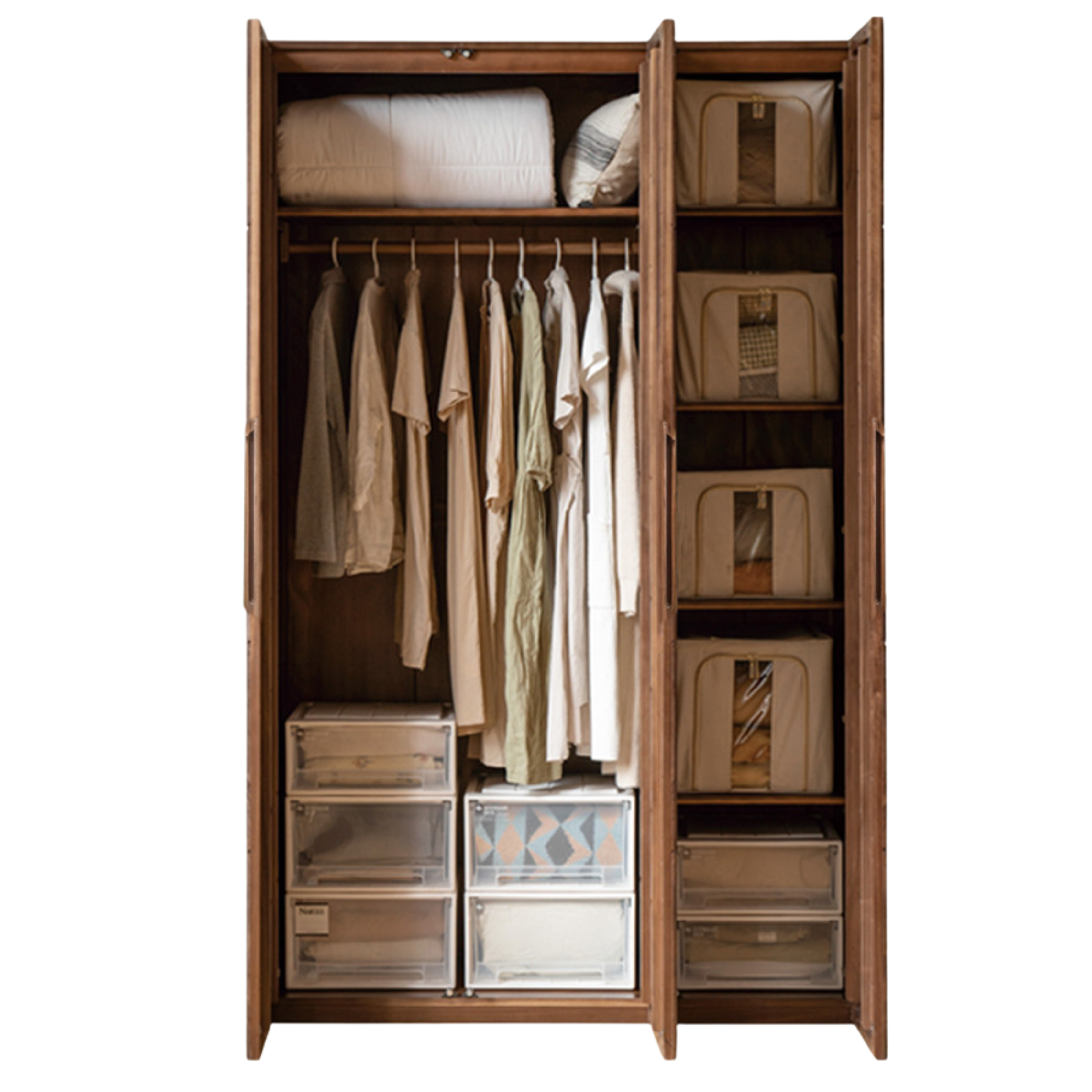 Premium Black Walnut Solid Wood Wardrobe - Double Door Closet with Mirror | Spacious Storage for Bedroom, Walk-in Closet & Guest Room Organization
