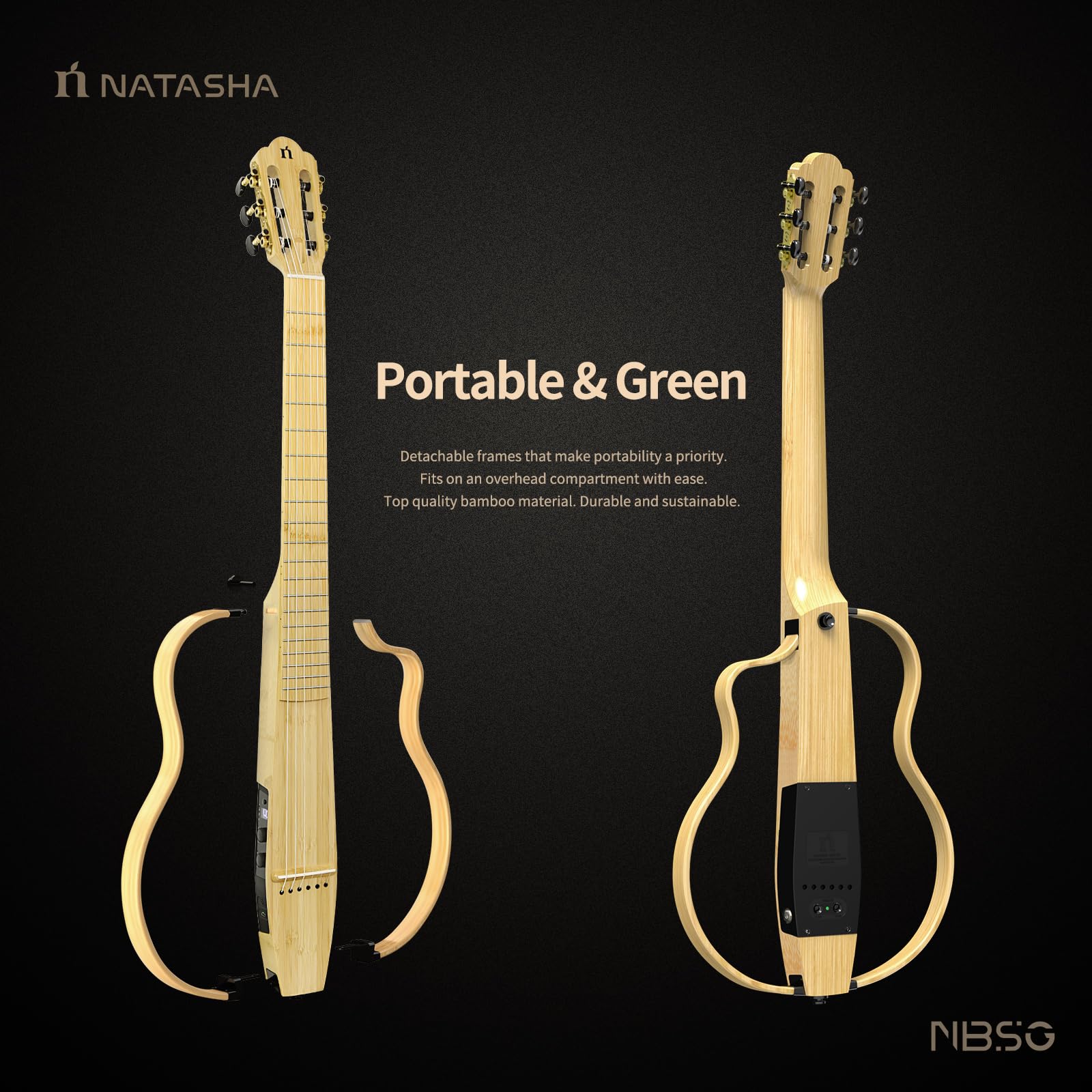 Natasha Bamboo Beginner Smart Guitar - Nylon String Classical Guitar for Kids & Adults with Removable Frames, Wireless Receiver, USB Cable & Gig Bag | Perfect for Home Practice, Music Lessons & Travel