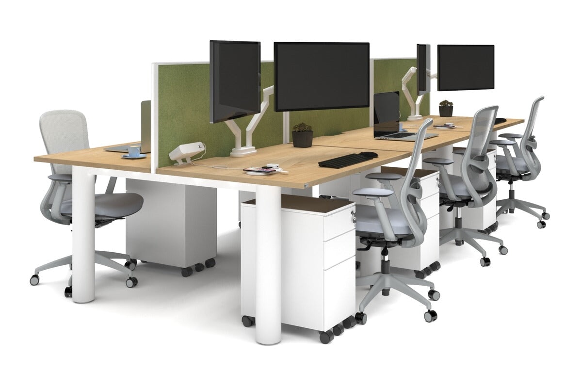 Quadro Cylinder Leg 6-Person Office Workstation Desk - 1400L x 800W with Cable Management Scallop - Modern Open Office Layout, Team Collaboration Space, Shared Workspace Solution