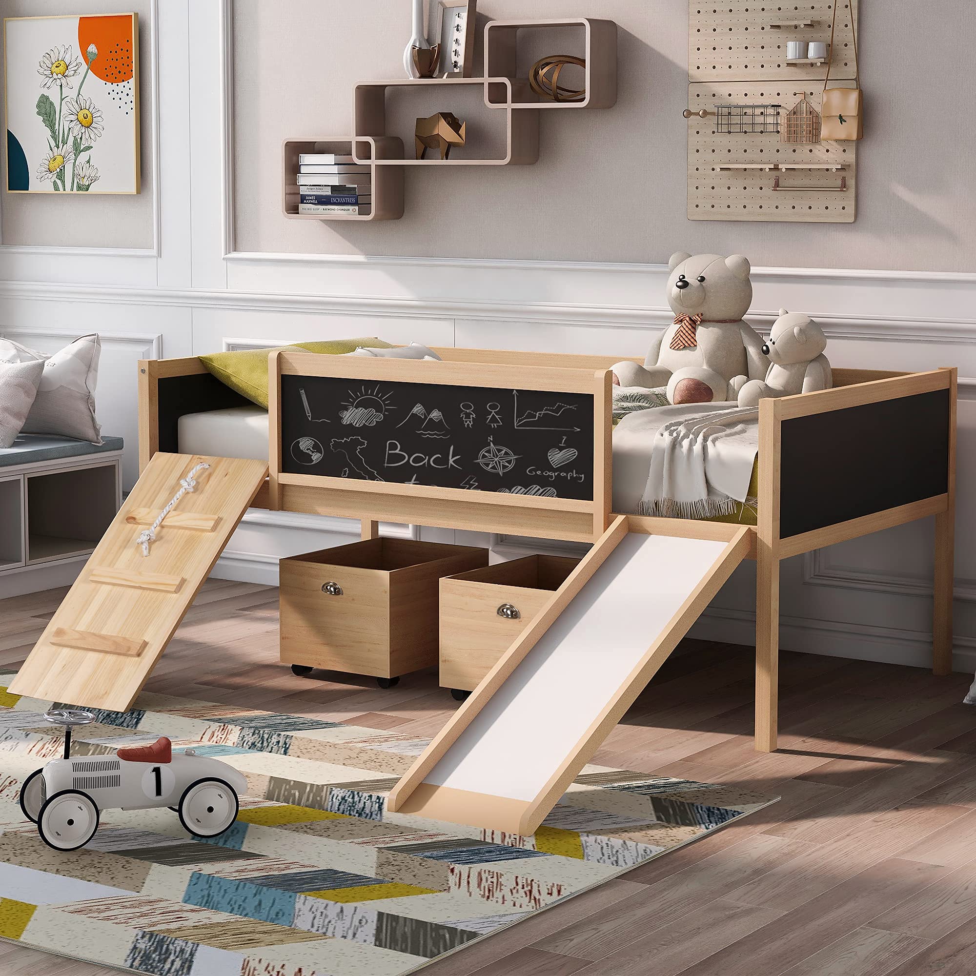 Twin Size Wood Loft Bed with Storage, Climbing Frame, Slide & Guardrails - Space-Saving Kids Bedroom Furniture for Small Rooms & Play Areas (Natural Finish)
