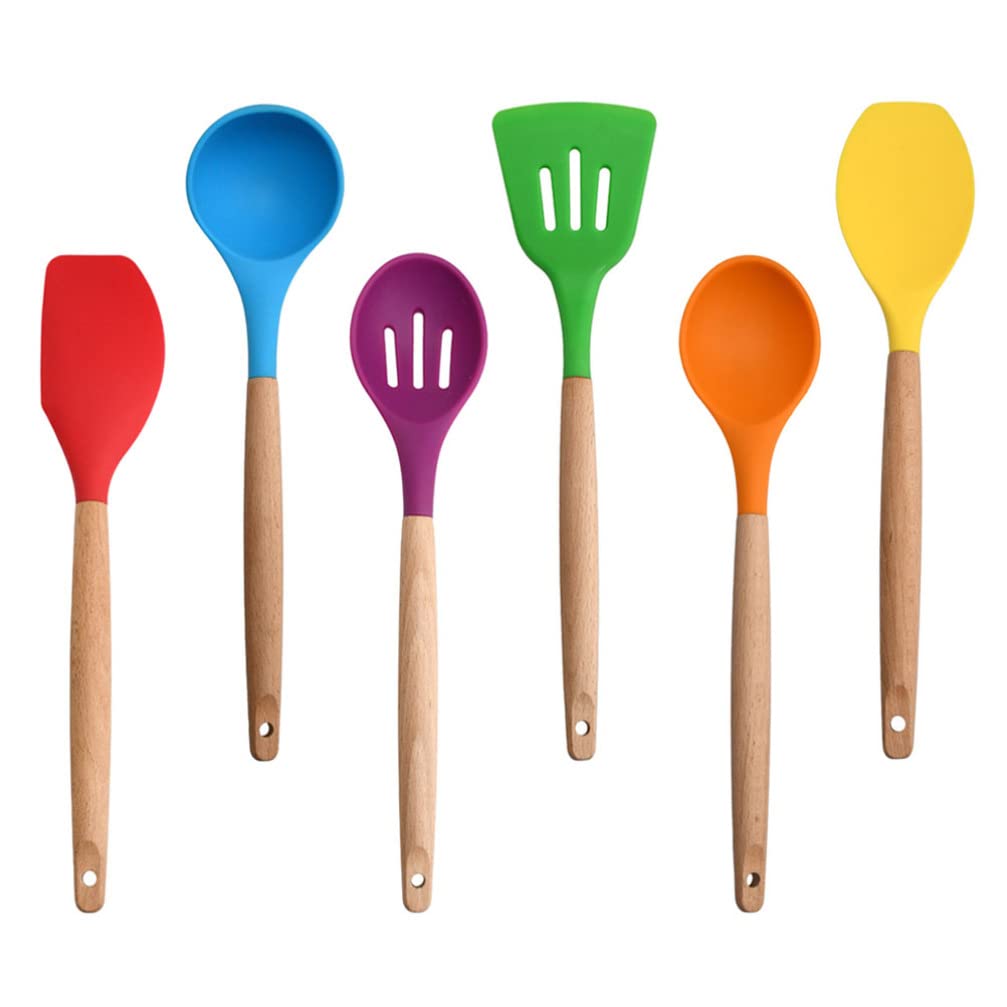 UPKOCH 6-Piece Silicone Spatula Set with Wooden Handle - Heat-Resistant Rubber Cooking Utensils for Frying, Flipping, Stirring - Includes Turner, Spoon & Spurtle - Perfect for Nonstick Pans, Baking & Everyday Kitchen Use