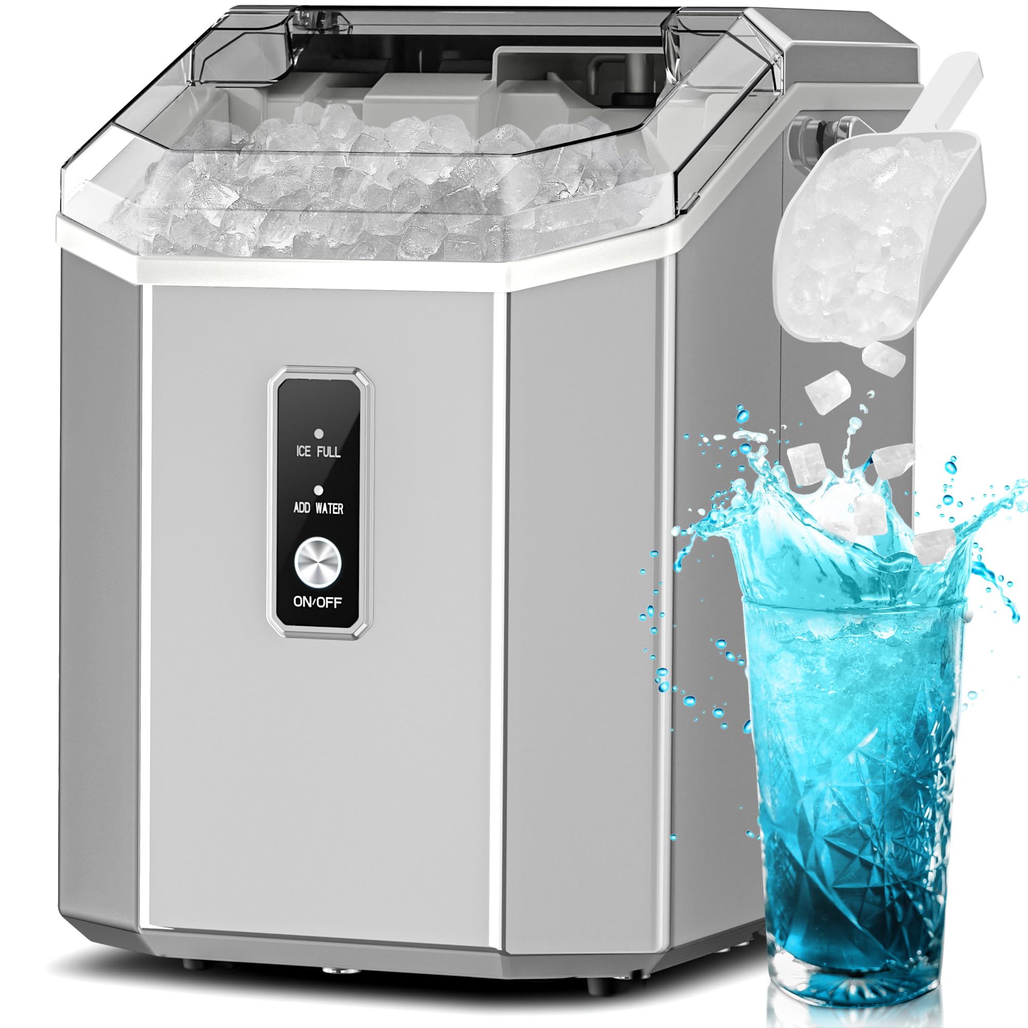 Portable Nugget Ice Maker Countertop - 34lbs/24H Pebble Ice Machine with Handle, One-Click Operation for Home, Office, Bar & Party Use (Grey) - Perfect for Cocktails, Sodas & Beverages
