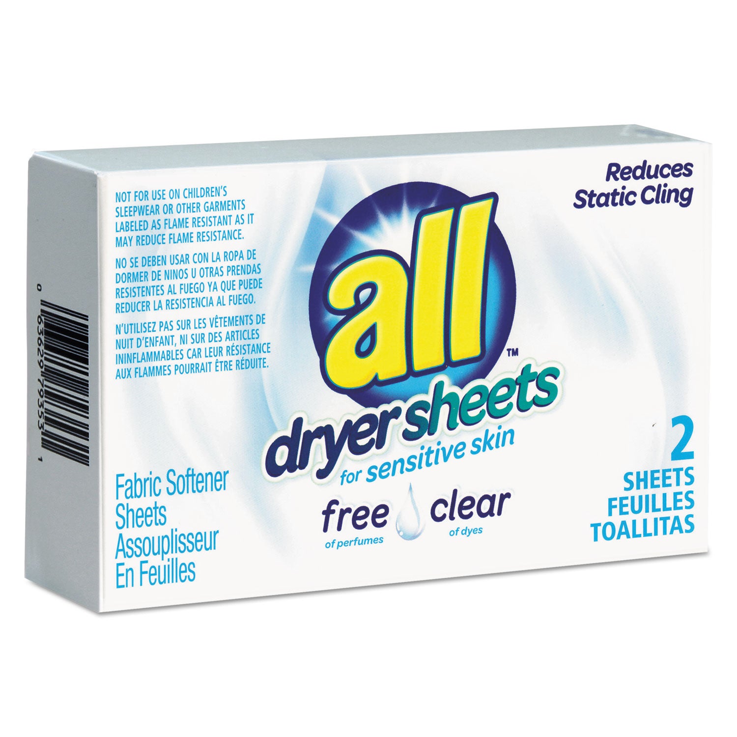 All® Free Clear Vend Pack Dryer Sheets - Hypoallergenic & Fragrance Free (2 Sheets/Box, 100 Boxes/Carton) - Ideal for Laundromats, Hotels & Sensitive Skin