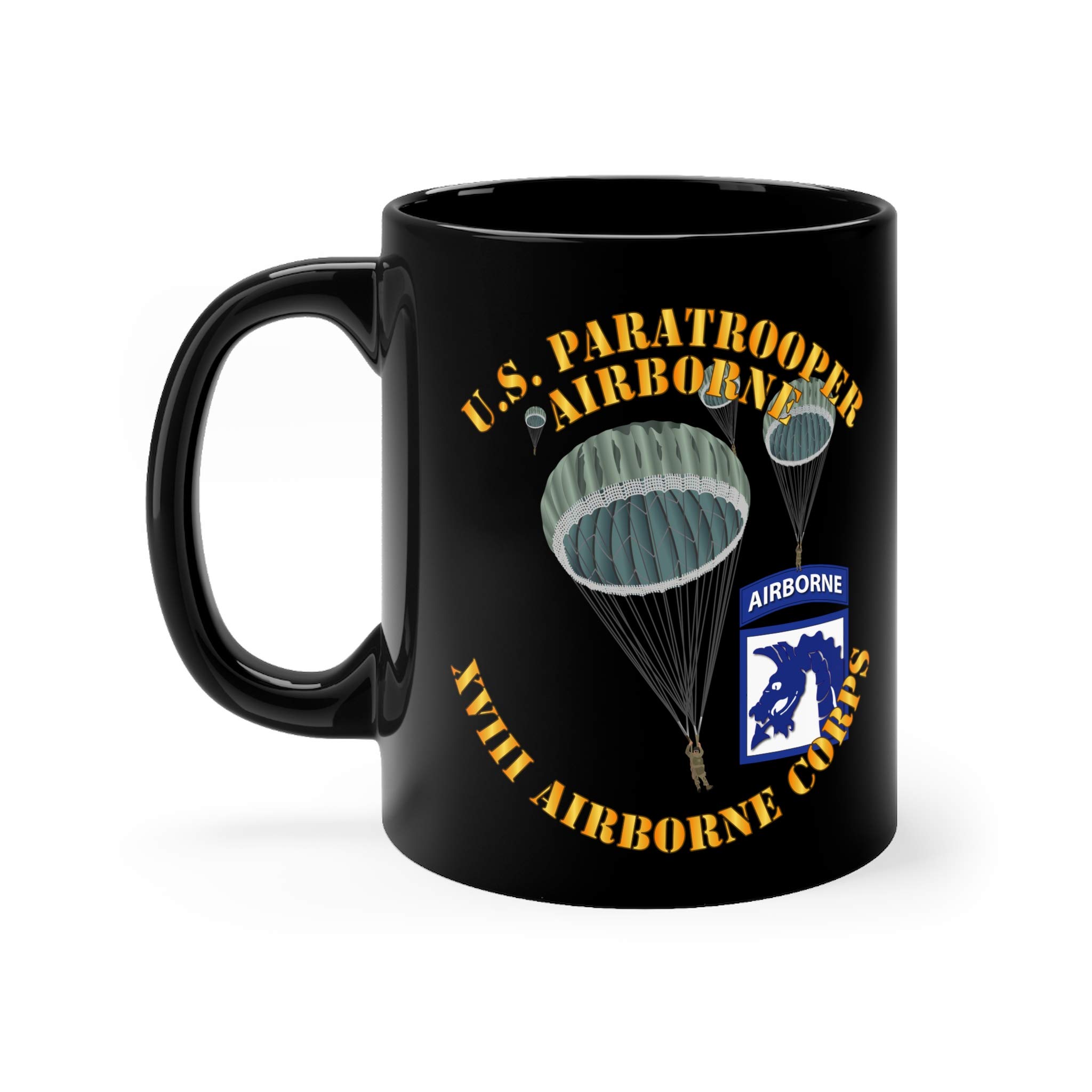 11oz Black Coffee Mug - US Army Paratrooper & XVIII Airborne Corps Design - Durable Ceramic Cup for Office, Home, or Military Gifts - Perfect for Coffee, Tea, or Hot Chocolate