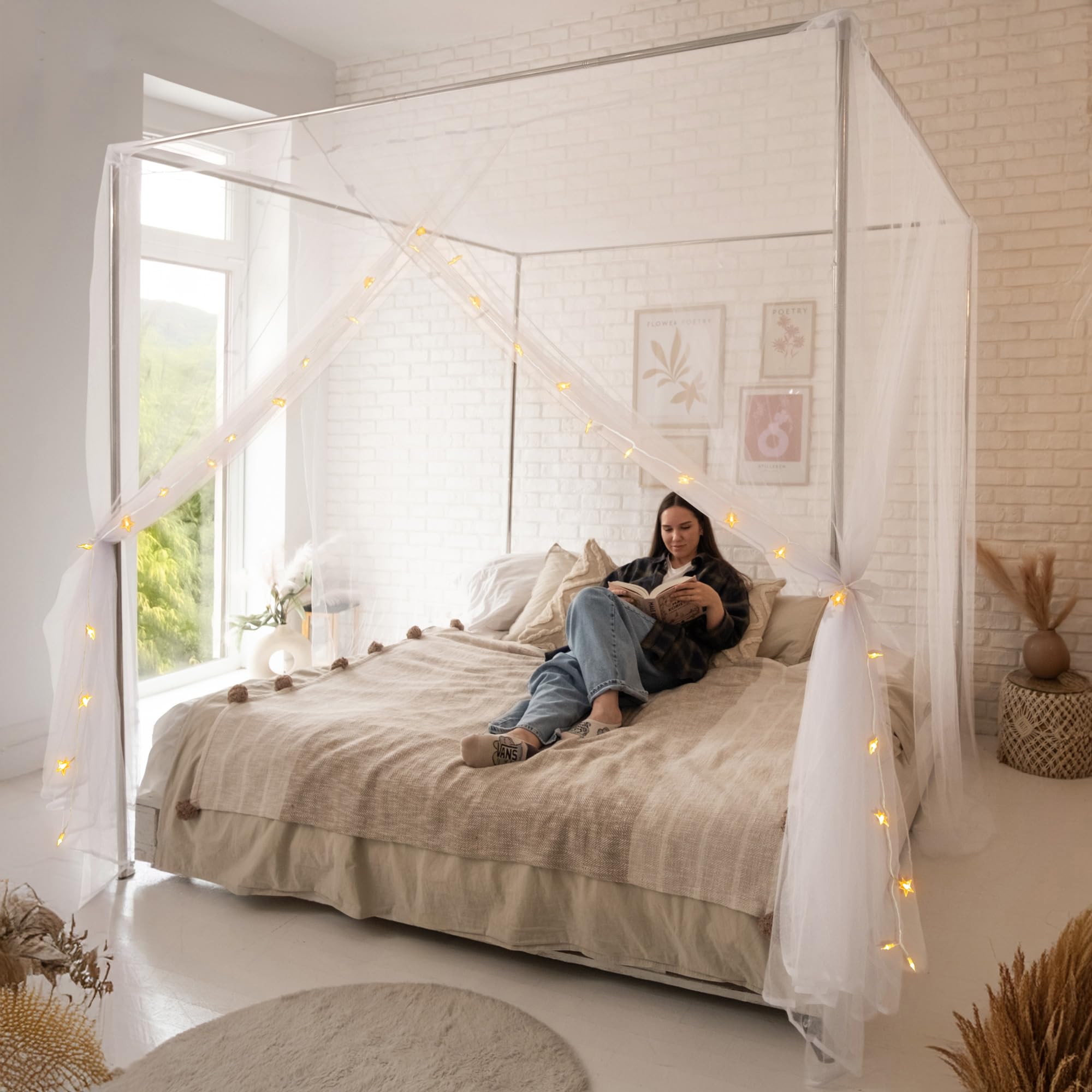 White Canopy Bed Curtains with LED Lights - Romantic Ceiling or Bed Frame Drapes for Girls & Adults | Fits Single/Full/Double/Queen Beds | Perfect for Princess Bedroom Decor, Wedding Nights & Cozy Reading Nooks
