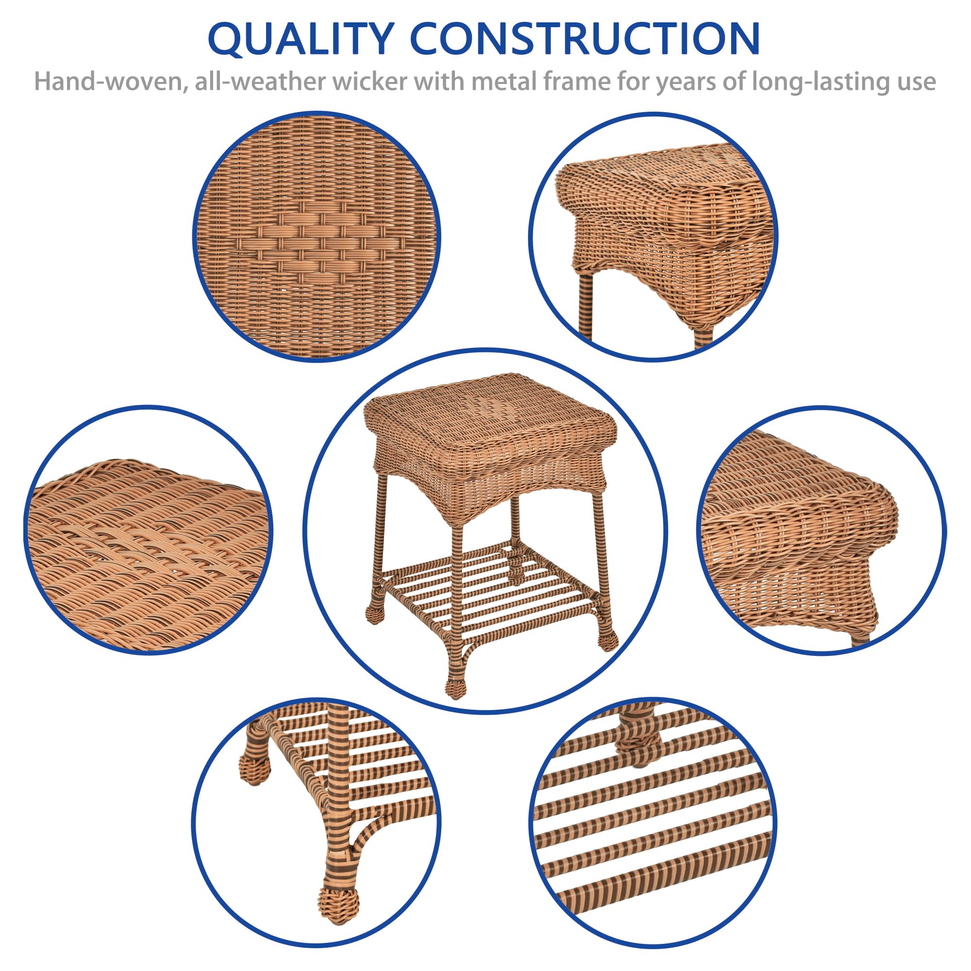 Jeco Outdoor Honey Wicker End Table - Small Side Table for Patio, Porch, Garden - Weather-Resistant Rattan Accent Table for Coffee, Books, and Decor