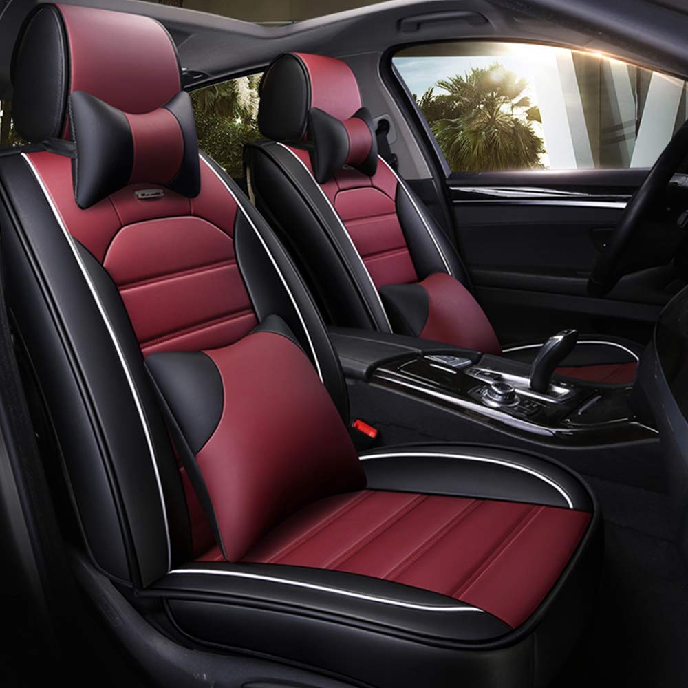 Premium Universal Leather Car Seat Covers Full Set - 5-Piece Waterproof Auto Seat Protectors for Sedans & Trucks (Includes Pillows, Red) | Perfect for Daily Commute, Road Trips & Vehicle Protection
