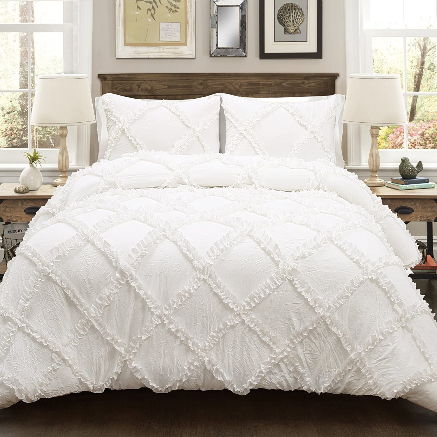 Premium 800 Thread Count Egyptian Cotton Duvet Cover Set - Full/Queen Size, White Solid with Zipper Closure & Diamond Ruffled Design (Includes 1 Duvet Cover + 2 Pillowcases) for Luxury Bedroom Decor & Hotel-Style Comfort