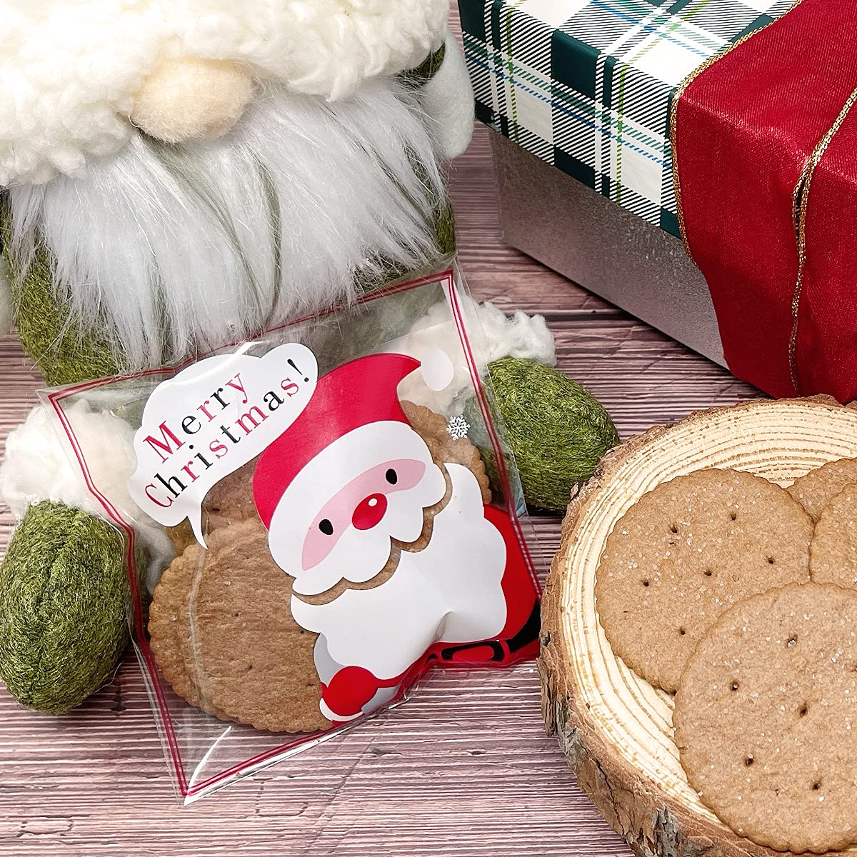 Allydrew 4x4 Inch Clear Self-Adhesive Candy Bags - 200 Pack Christmas Treat Bags for Cookies, Party Favors, Wedding Gifts (Snowflake & Santa Design) - Perfect for Holiday Parties, Baby Showers & Candy Buffets