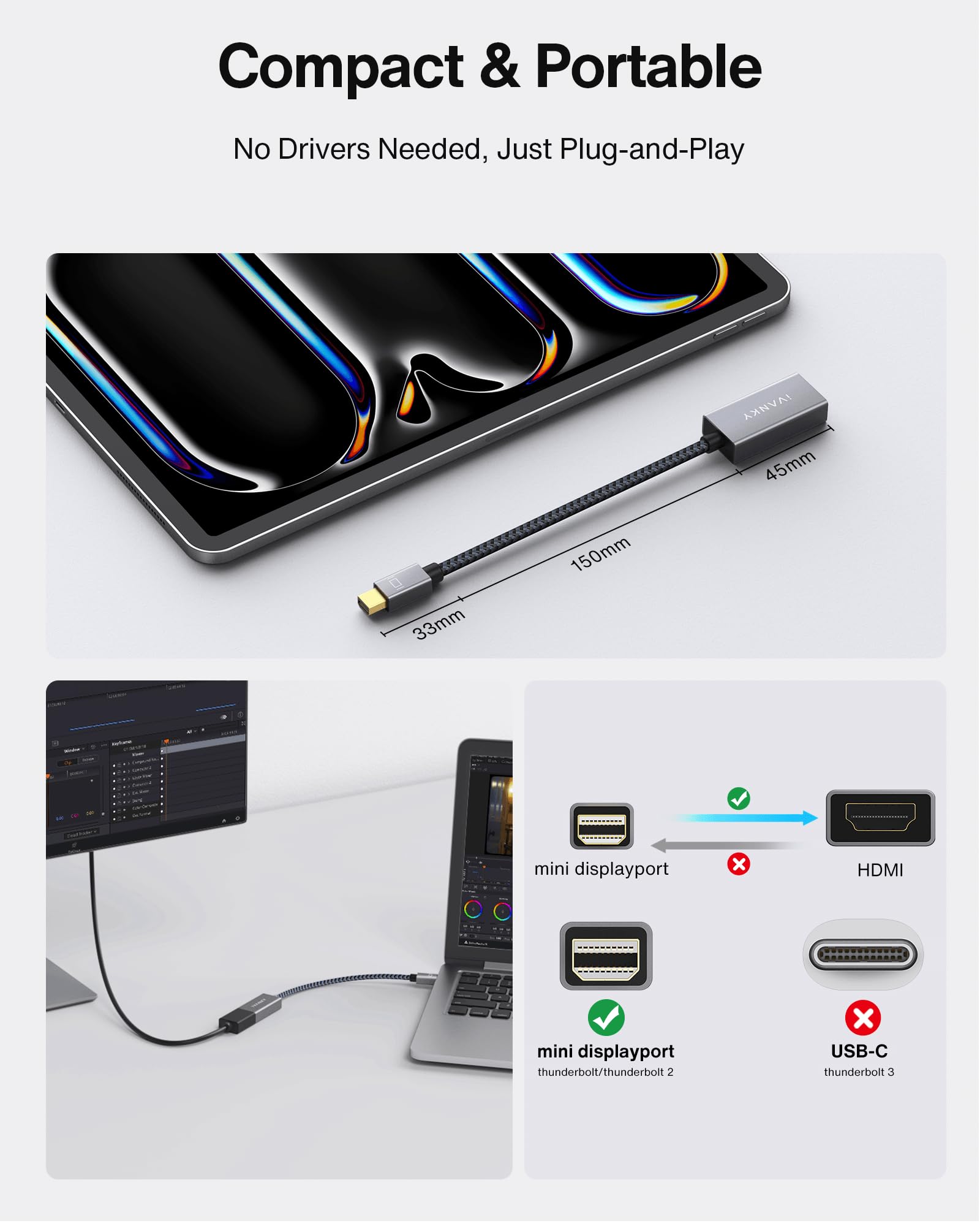 IVANKO Mini DisplayPort to HDMI Adapter, Gold-Plated Thunderbolt 2 to HDMI Converter for MacBook Air/Pro, Surface Pro - 4K Video Output for Home Theater, Gaming & Office Presentations