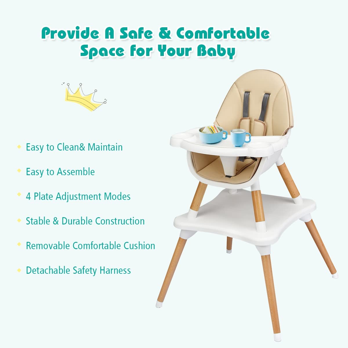 INFANS 5-in-1 Convertible Baby High Chair with 5-Point Safety Harness | Detachable Tray & Wipeable Cushion | Transforms to Toddler Table & Chair Set | Wooden Booster Seat for Infants & Kids (Khaki) | Perfect for Dining, Feeding & Playtime