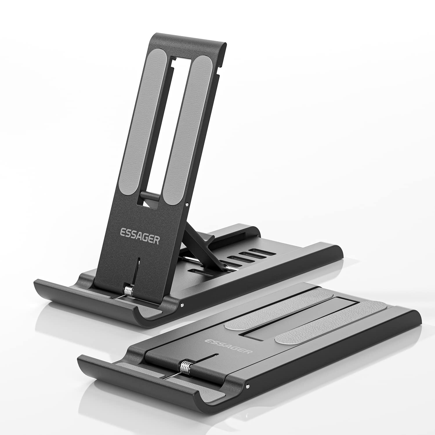 ESSAGER 2 Pack Foldable Mini Phone Stand - Adjustable Desktop Cell Phone Holder for iPhone 14/13/12, Samsung Galaxy, Kindle & All Smartphones - Perfect for Watching Videos, Video Calls & Hands-Free Use (Black)
