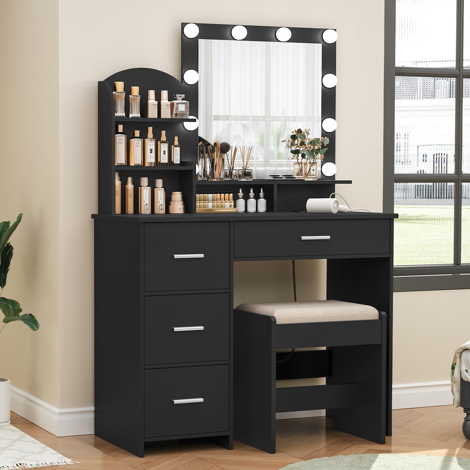 Quimoo Vanity Desk with Mirror & 10 LED Lights - Makeup Vanity Set with Charging Station, 4 Drawers & Shelves - Vanity Table with Cushioned Stool for Bedroom, Black - Perfect for Makeup Application, Skincare Routine & Home Decor