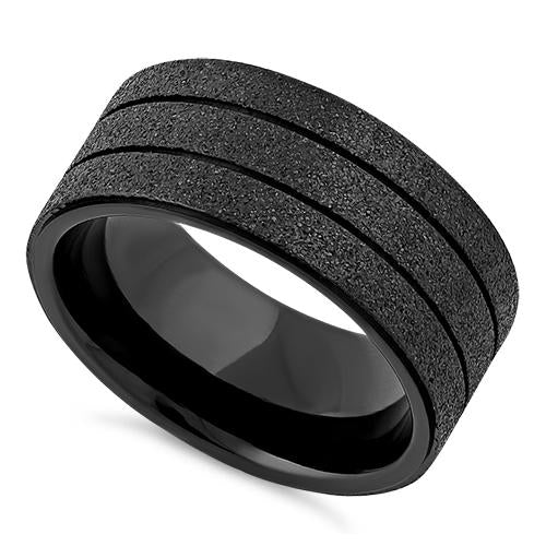 Premium Stainless Steel Black Double Groove Sandblasted Finish Ring for Men - Durable Wedding Band, Fashion Statement & Everyday Wear