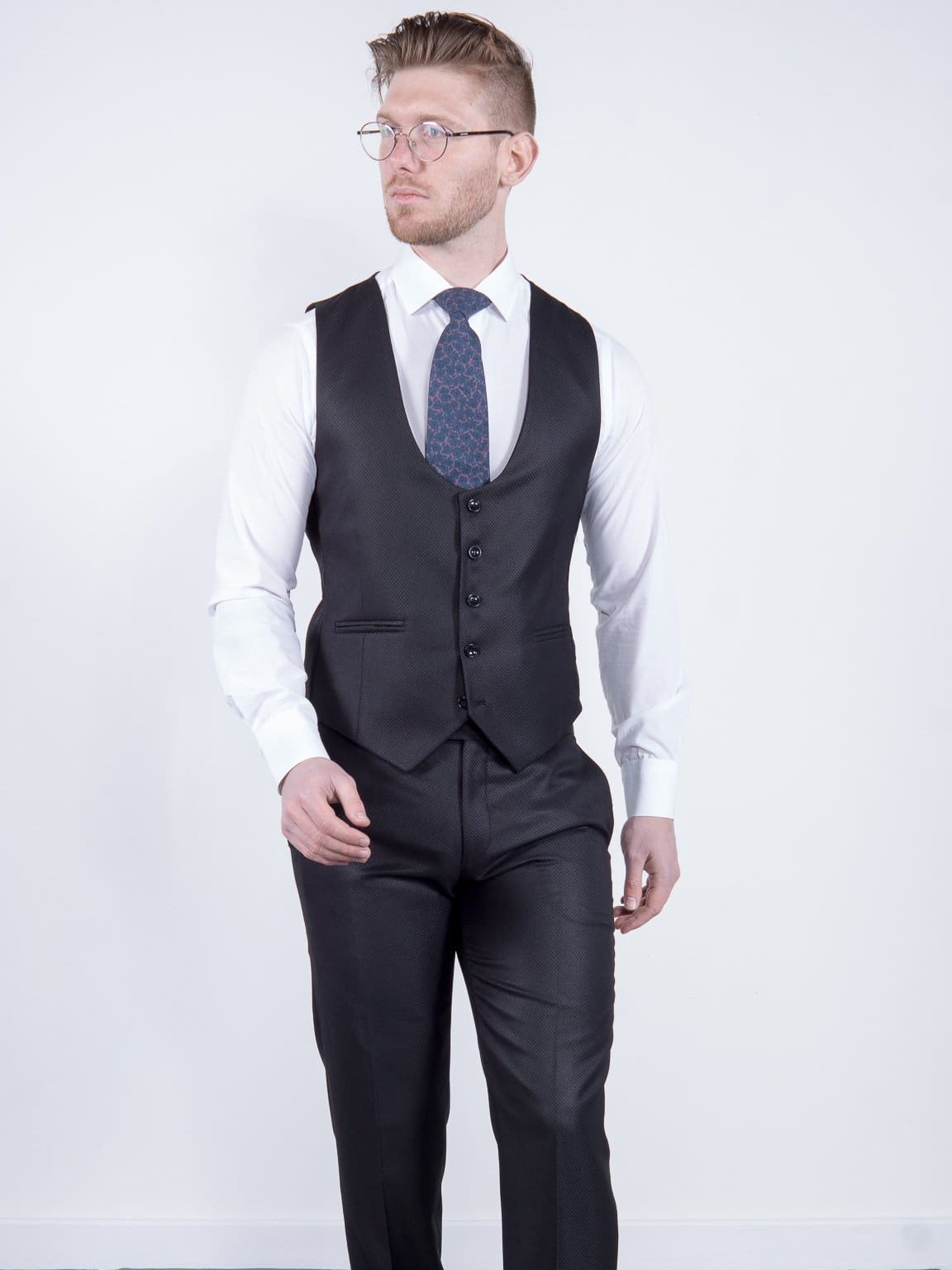 Bond Men's 3 Piece Slim Fit Black Textured Suit | Formal Business Attire | Wedding, Office & Special Occasion Wear