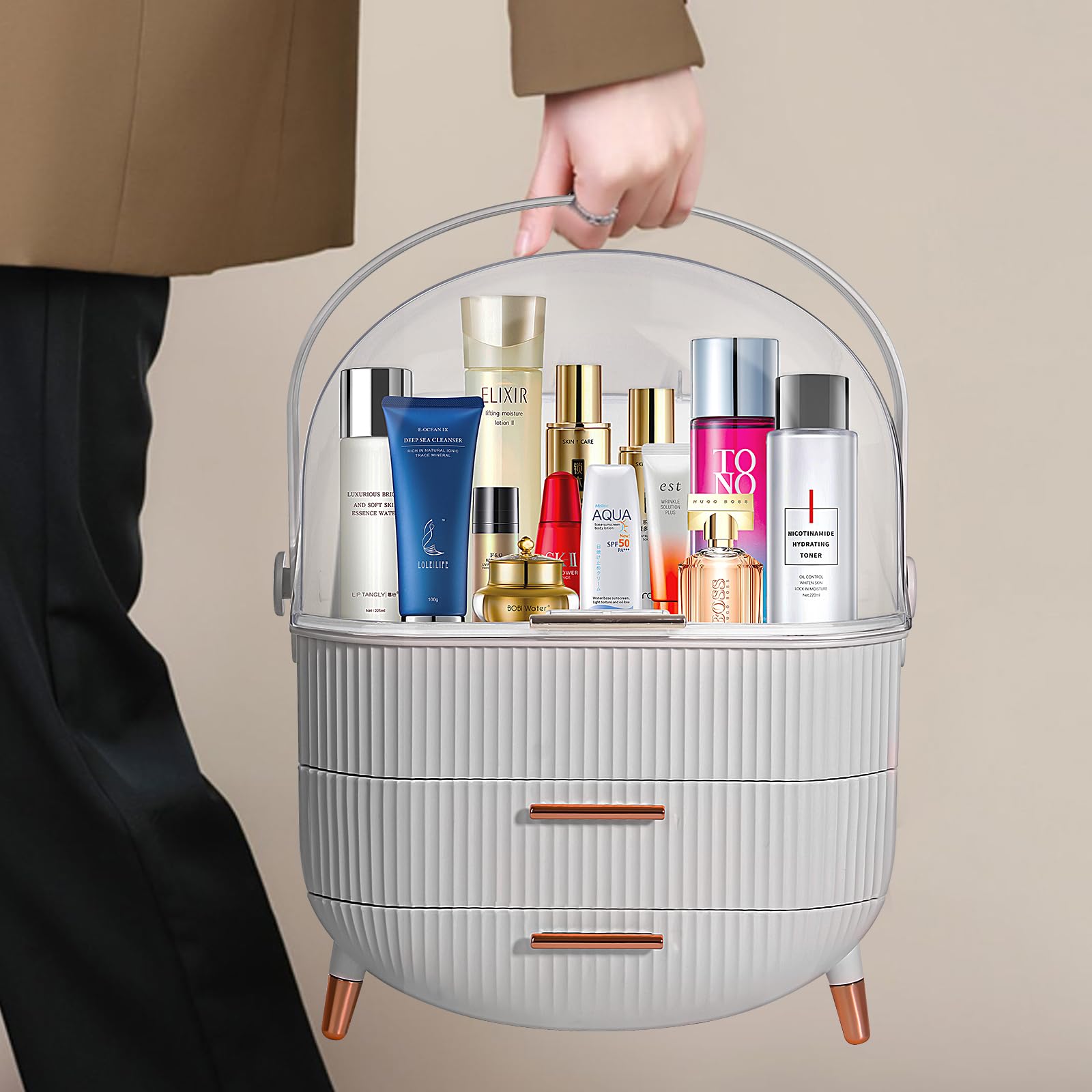 Stylish Oval Makeup Storage Box - Portable Vanity Organizer for Cosmetics | Perfect for Countertop, Bathroom & Travel | Trendy Preppy Design