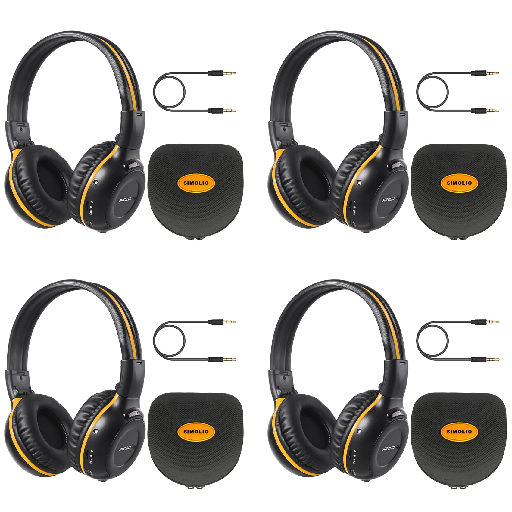 SIMOLIO 4 Pack Wireless IR Headphones for Kids - Car DVD Player Headphones Compatible with Honda Pilot, uConnect, Cadillac Escalade, Suburban | 2 Channel Van Headset with Foldable Design, Hard EVA Case & Aux Cord | Perfect for Road Trips, Family Travel & In-Car Entertainment