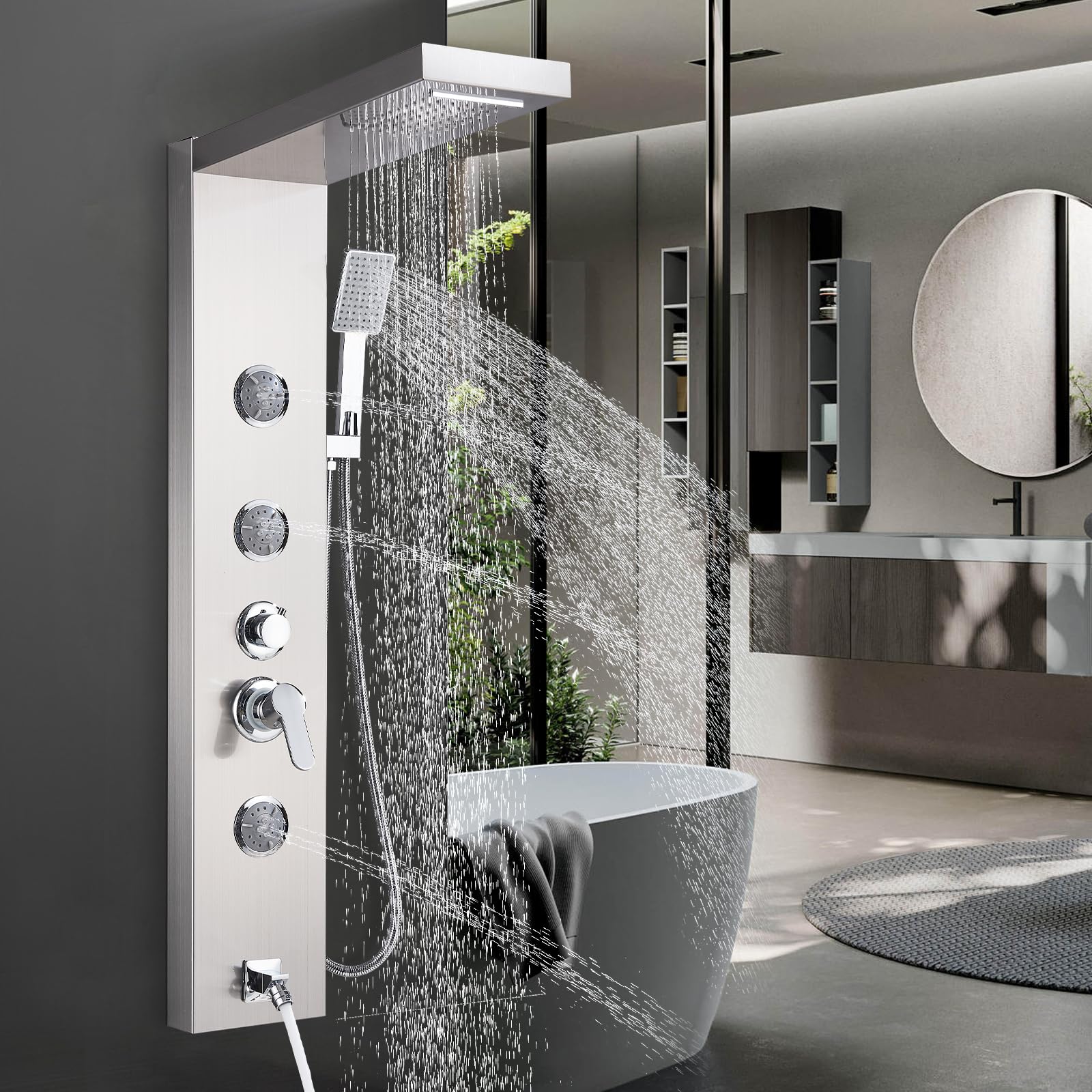 AlenArt Stainless Steel Shower Panel with Massage Jets & Rainfall Shower Head - Multi-Function Wall Mounted Bathroom Shower System in Brushed Nickel | Perfect for Spa-Like Experience, Luxury Bathroom Upgrade & Relaxing Hydrotherapy
